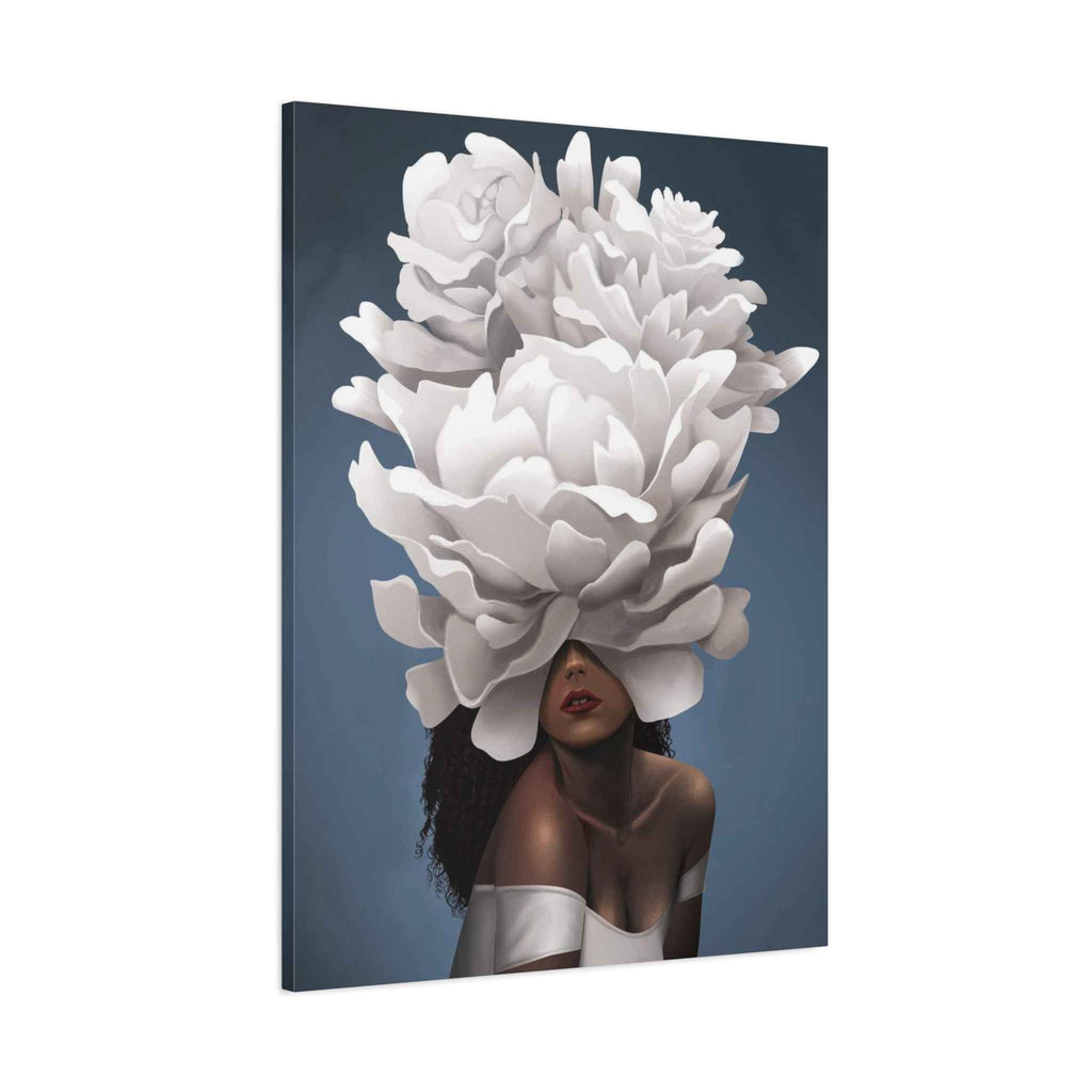 Floral Veil Canvas Wall Art — Elegant Woman with Oversized White Peony - TheKaraHan