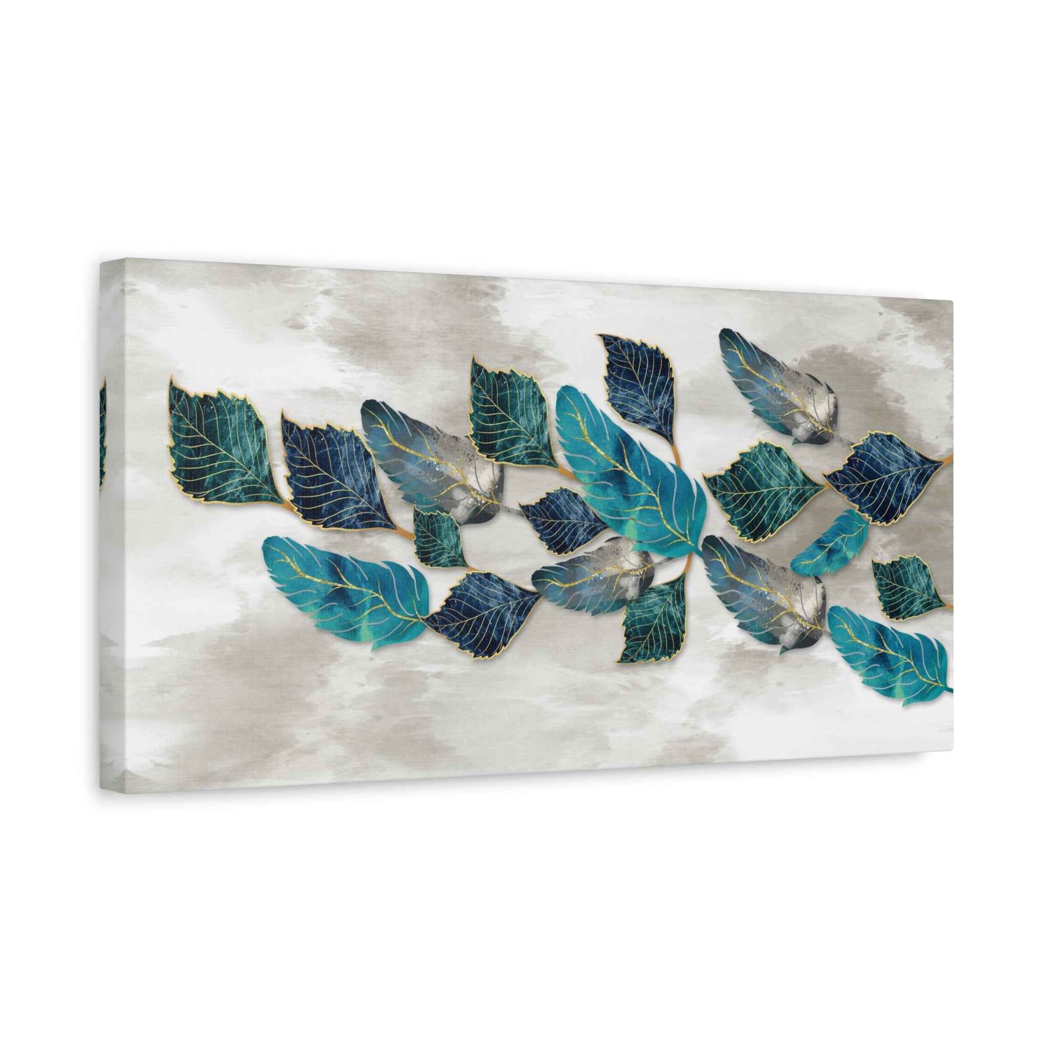 Teal Botanical Leaf Wall Art Canvas – Modern Blue & Gold Nature Abstract Decor