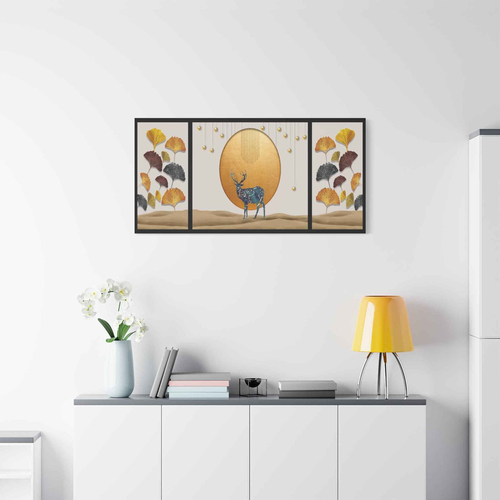 Golden Deer Wall Art – Luxury Ginkgo Leaves Canvas Print