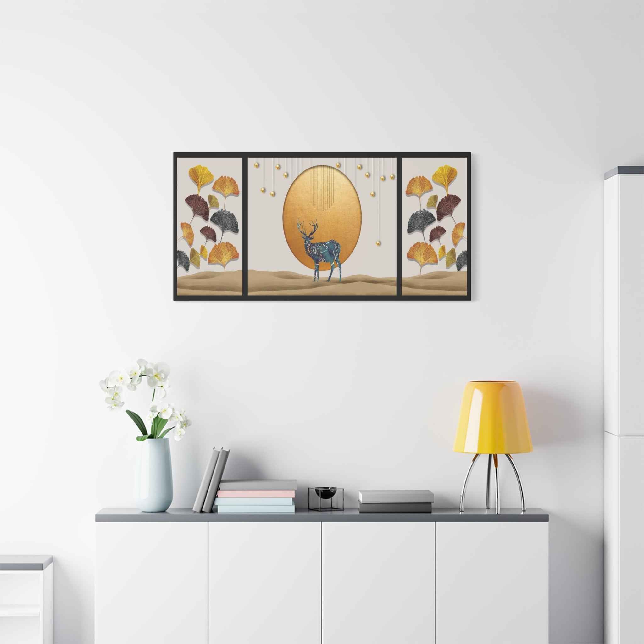 Golden Deer Wall Art – Luxury Ginkgo Leaves Canvas Print