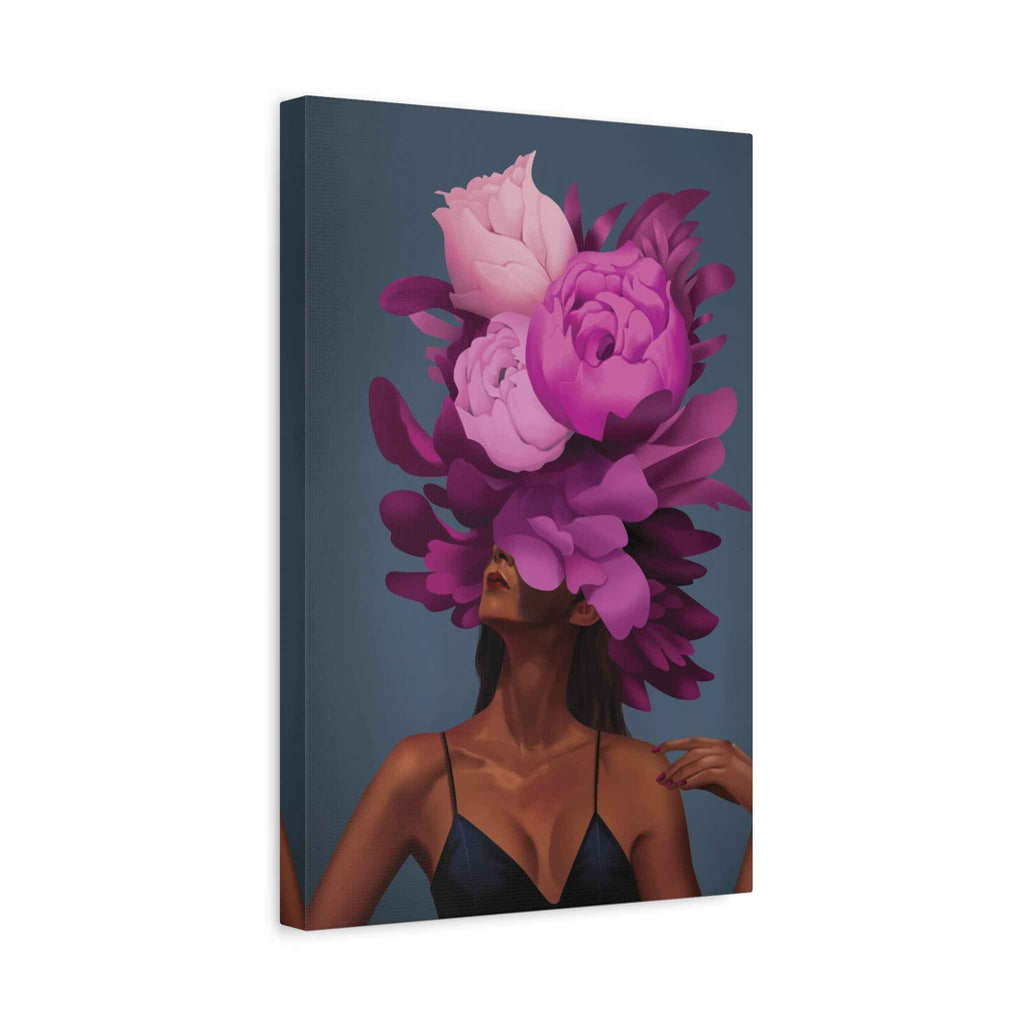 Floral Portrait Canvas Print — Woman with Oversized Pink Peony Hat (Matte Stretched) - TheKaraHan