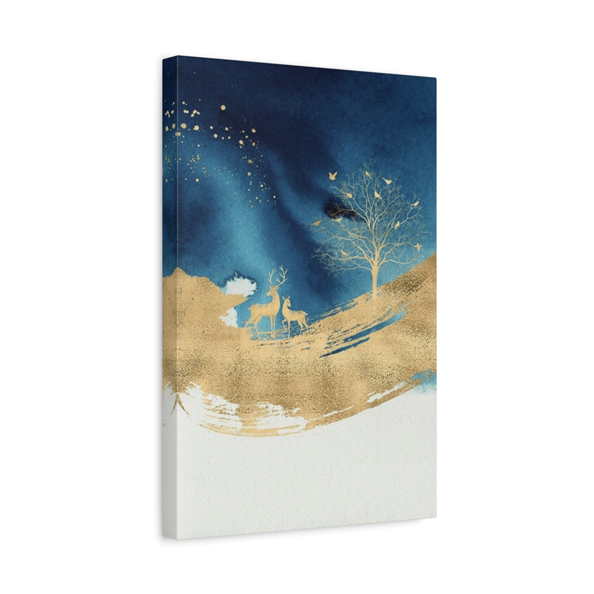 Gold & Navy Deer Landscape Canvas Art — Matte Stretched Wall Decor 