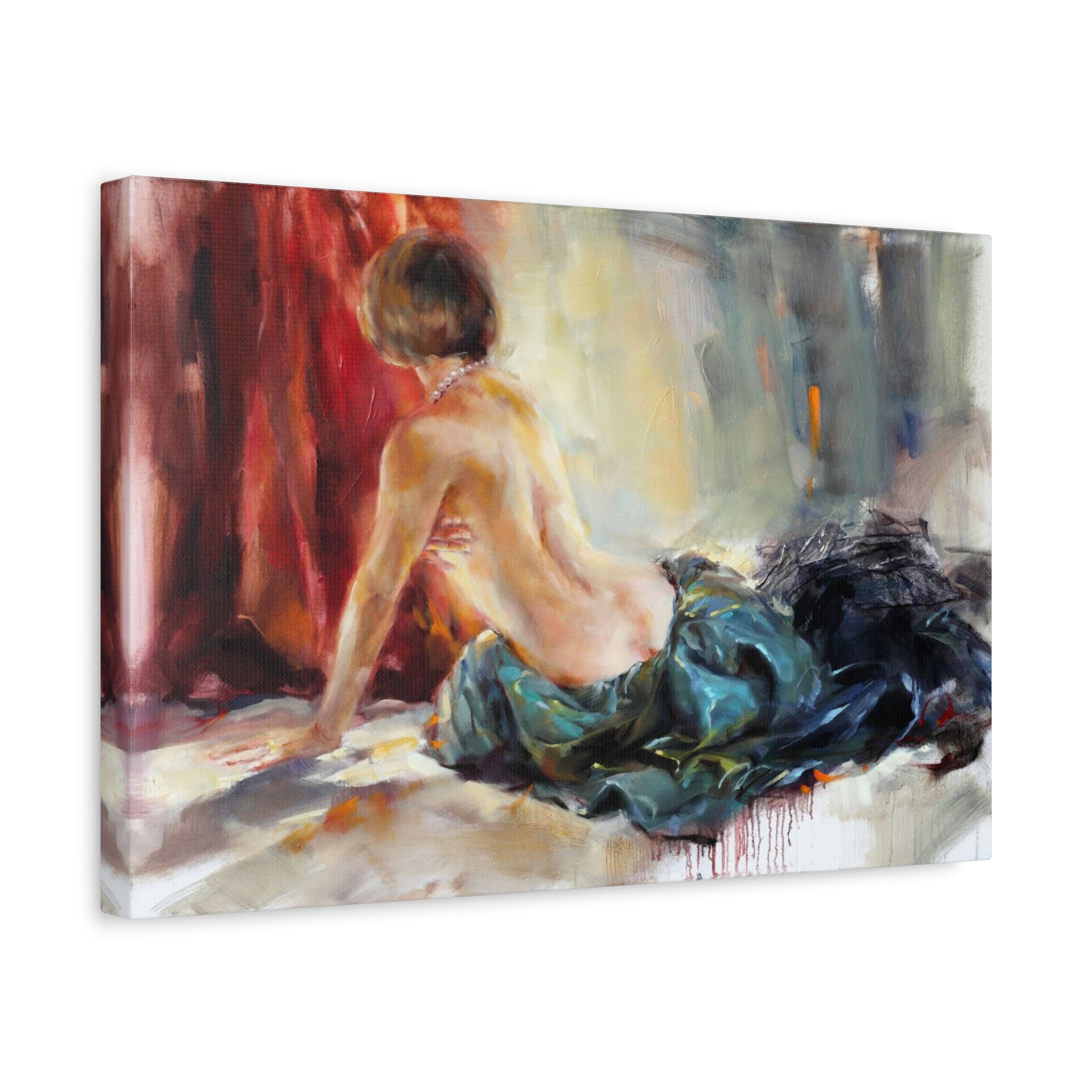 Figurative Nude Oil Painting Canvas — Seated Woman, Matte Stretched Wall Art 