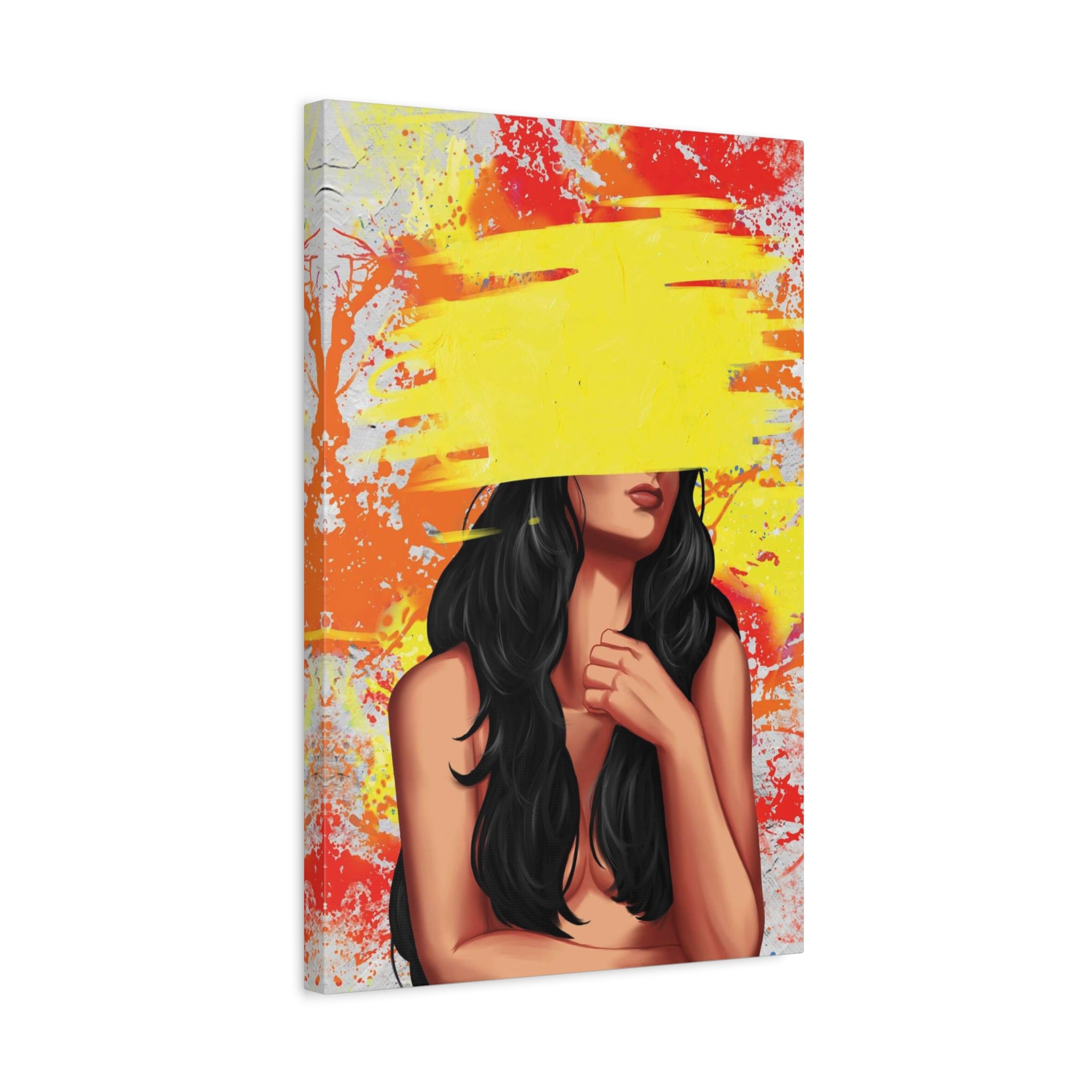 Abstract Femme Nude Canvas Art – Yellow Paint Stroke Portrait 