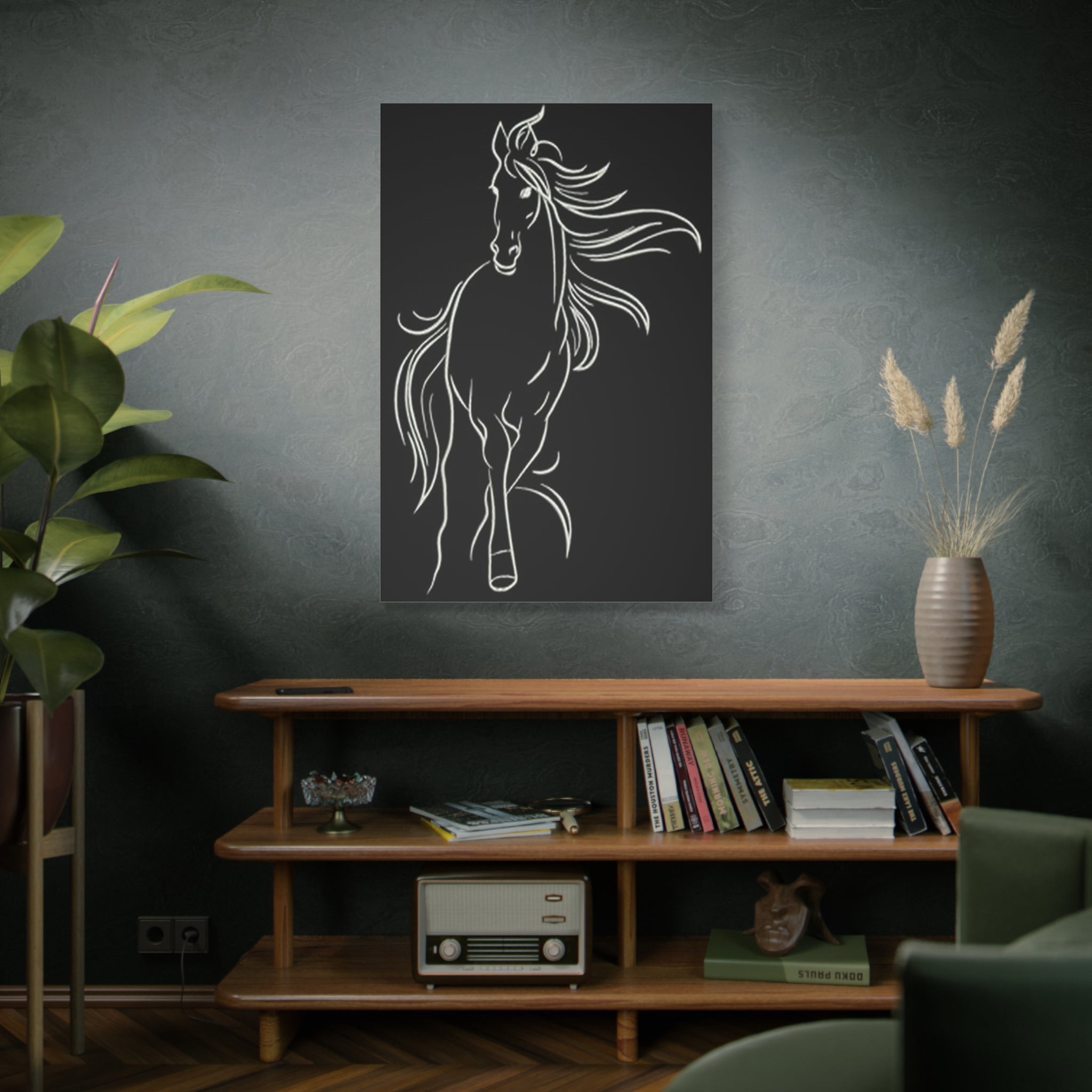 Black Minimalist Horse Canvas - White Line Art Matte Stretched Wall Art 