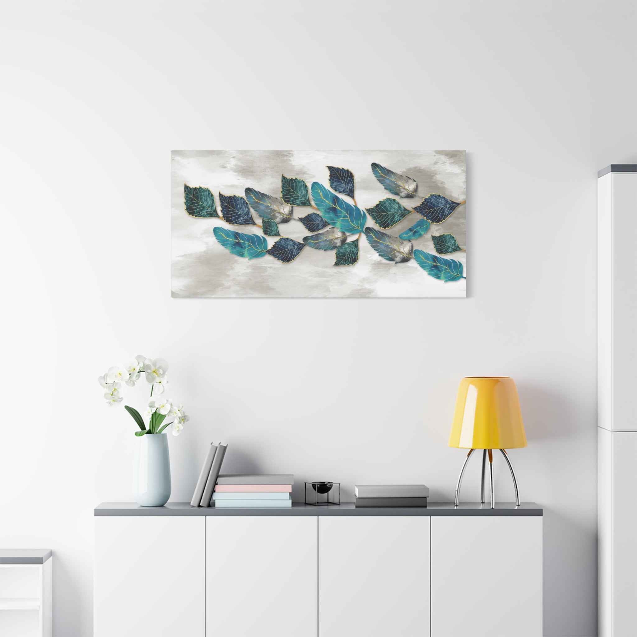 Teal Botanical Leaf Wall Art Canvas – Modern Blue & Gold Nature Abstract Decor
