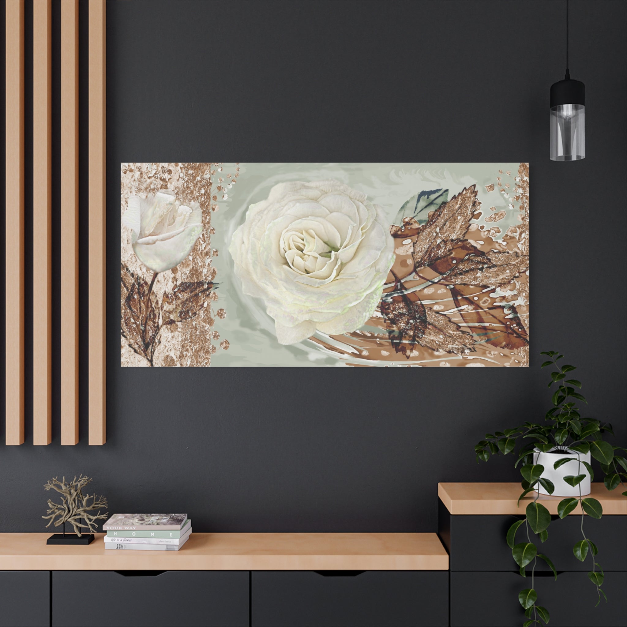 Floral Canvas Wall Art — White Rose Botanical Stretched Canvas