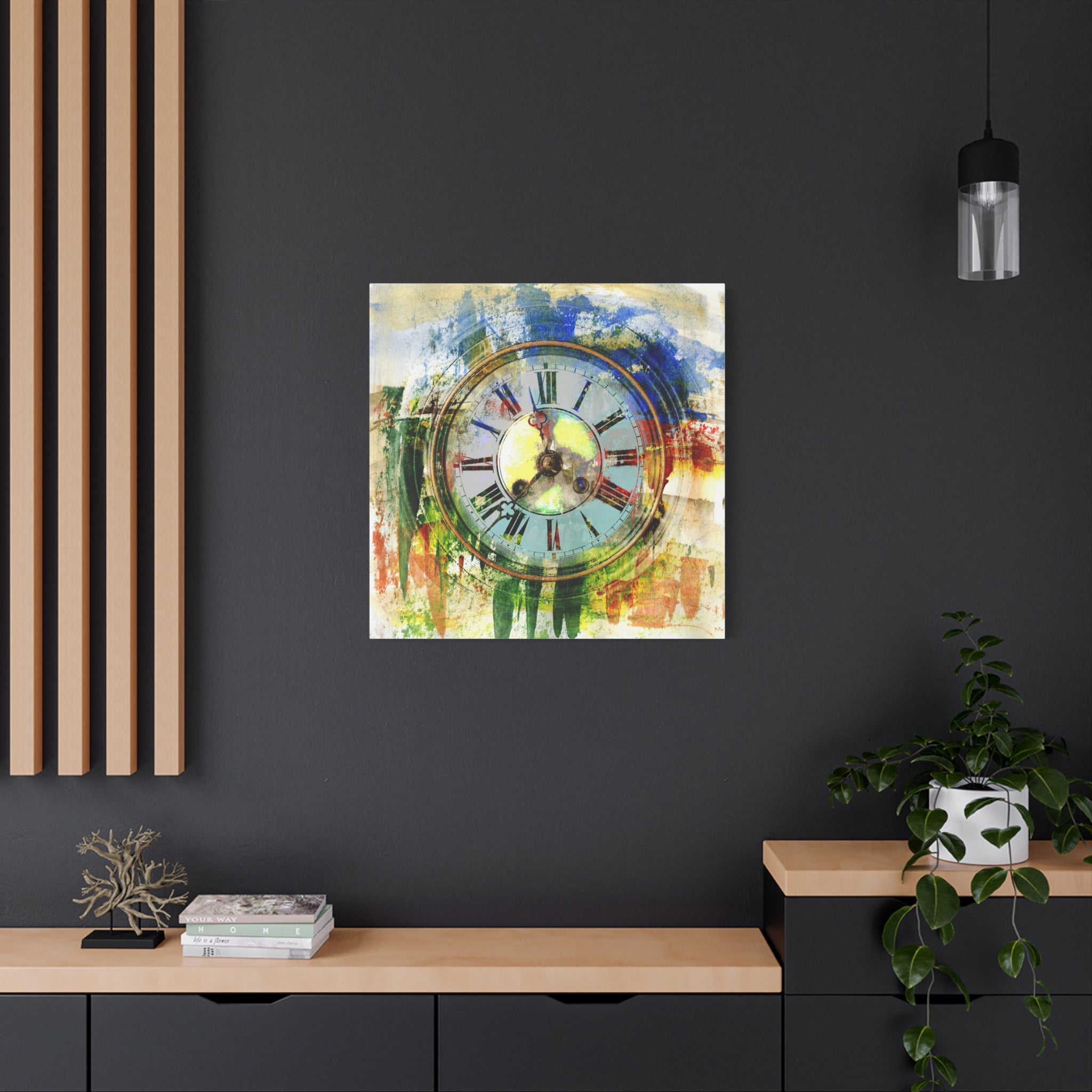 Abstract Vintage Clock Matte Canvas Print — Colorful Stretched Wall Art