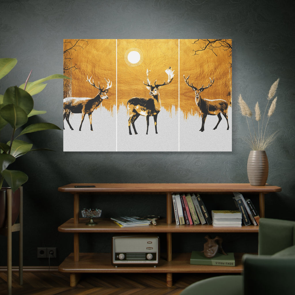 Golden Stag Canvas Wall Art - Matte Stretched Triptych Deer Print - TheKaraHan