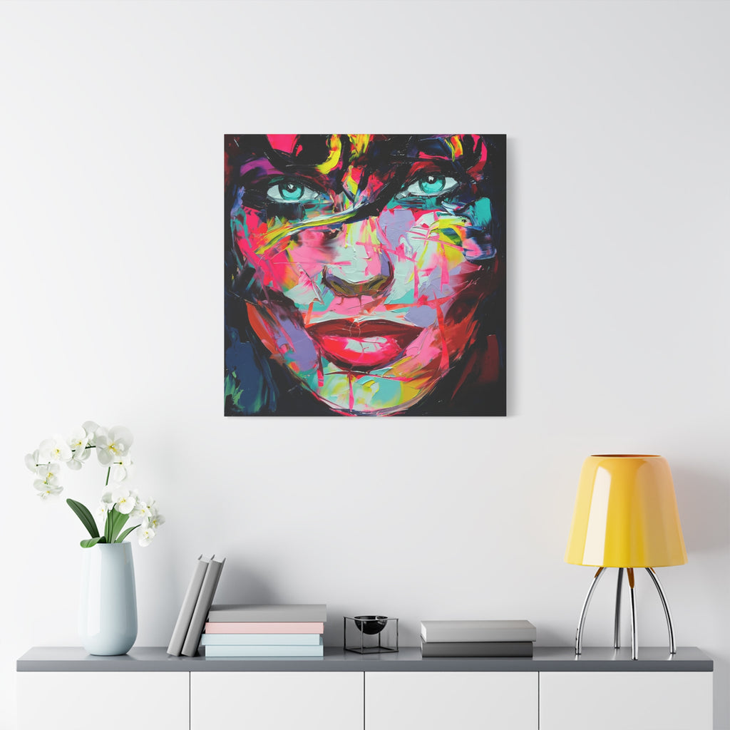 Colorful Abstract Portrait Canvas Print — Neon Female Face Matte Stretched Wall Art - TheKaraHan