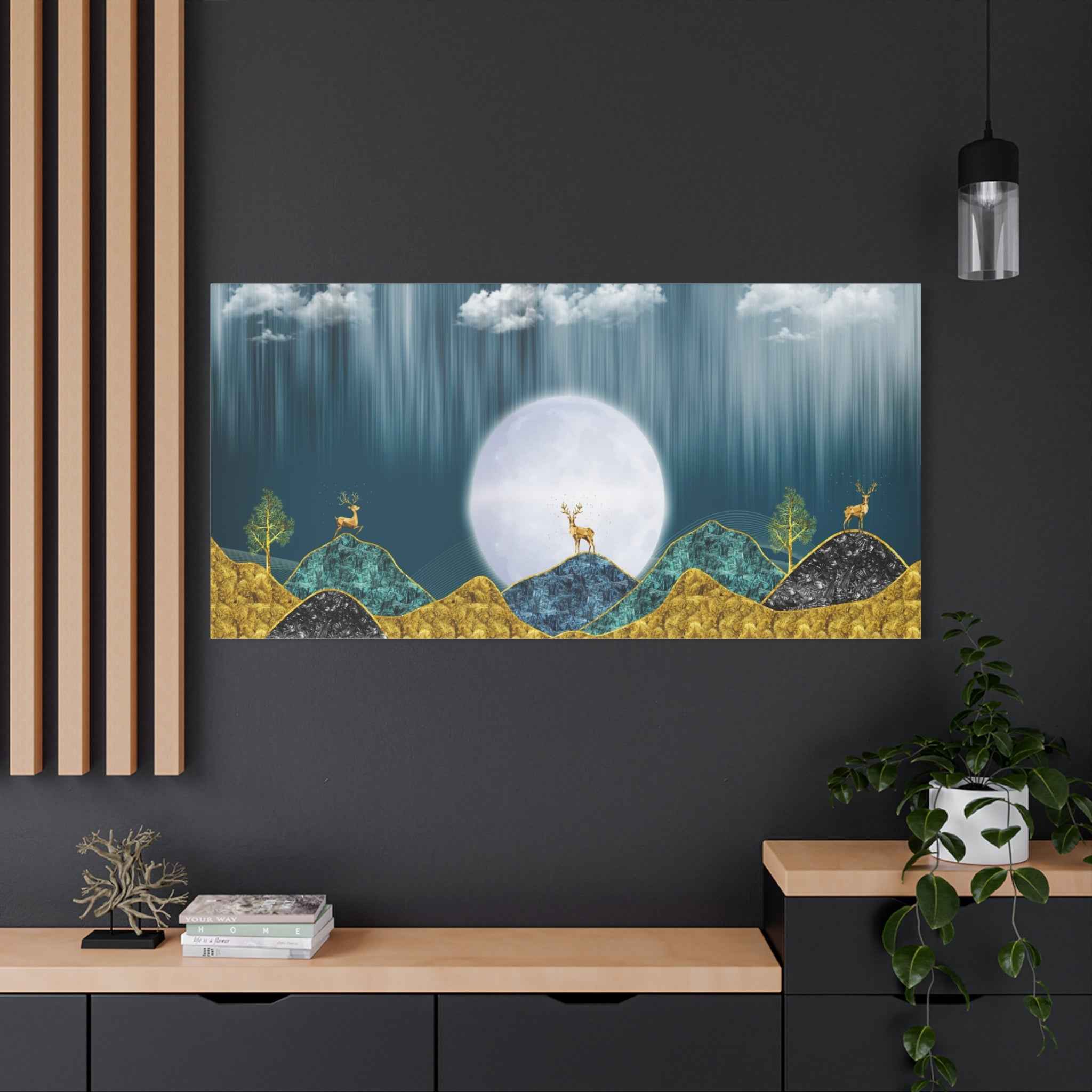 Deer Moon Landscape Canvas Wall Art – Wildlife Nature Wall Decor