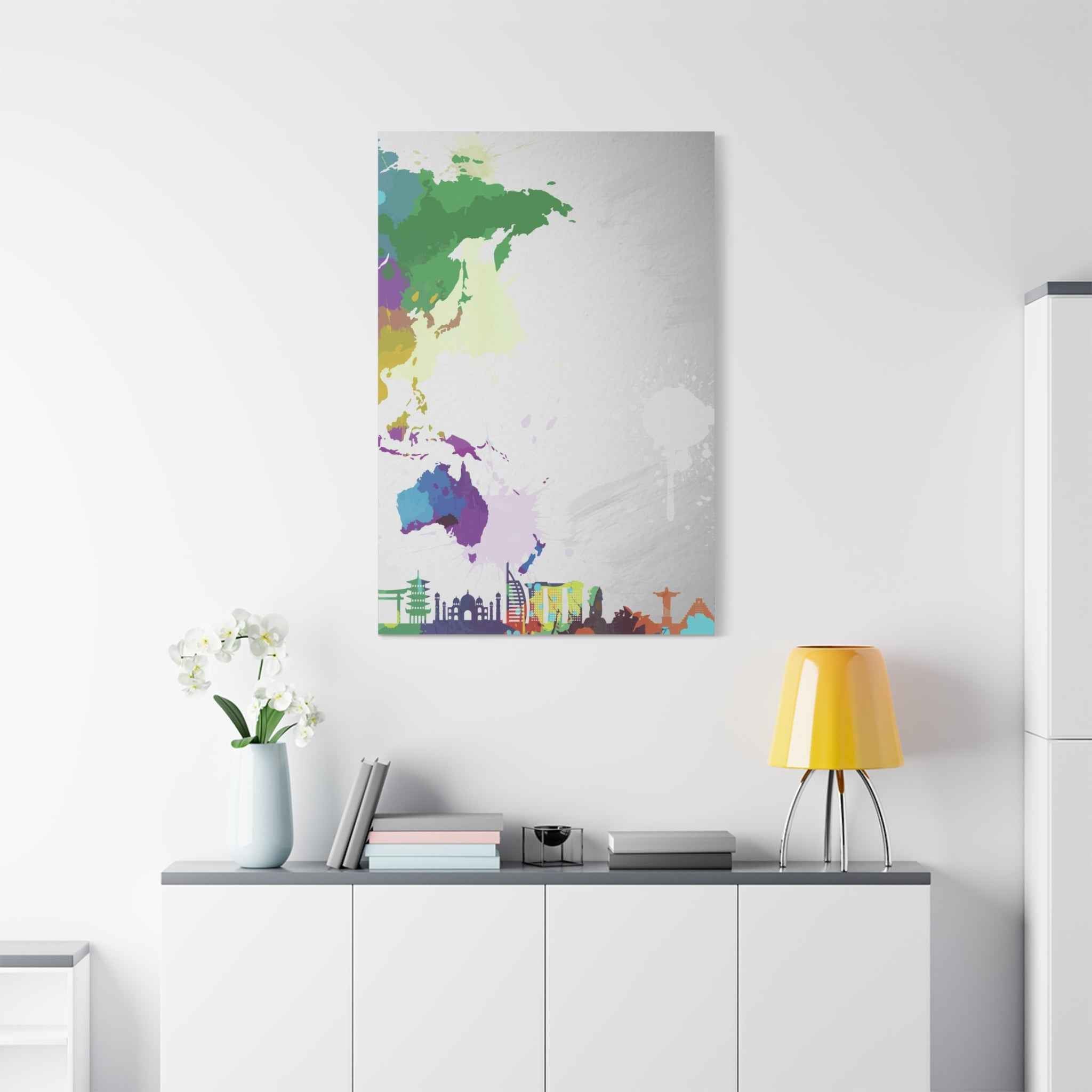 World Map Silhouette Wall Art – Vibrant Travel Skyline Canvas Decoration - TheKaraHan