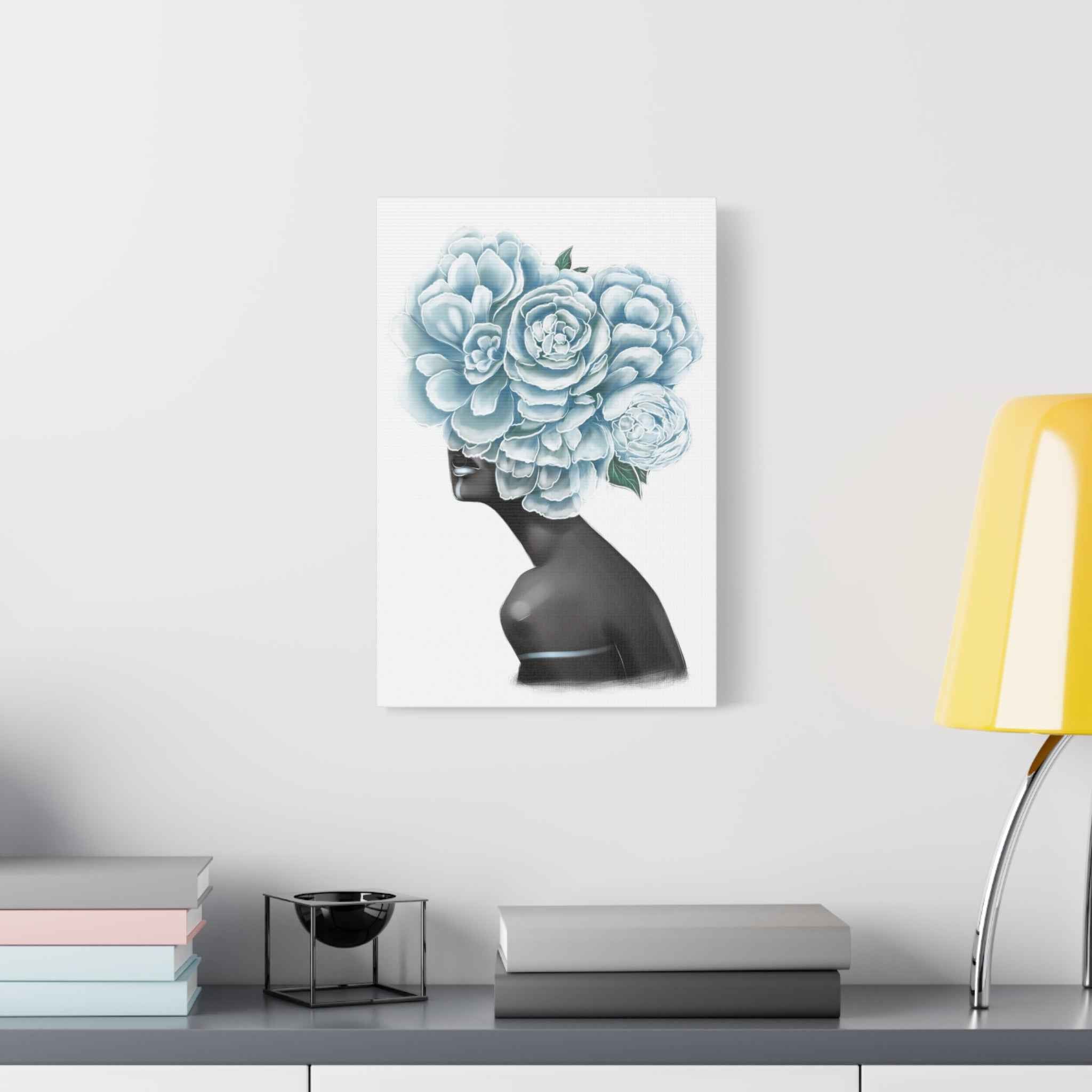Blue Floral Woman Canvas Wall Art – Abstract Female Portrait