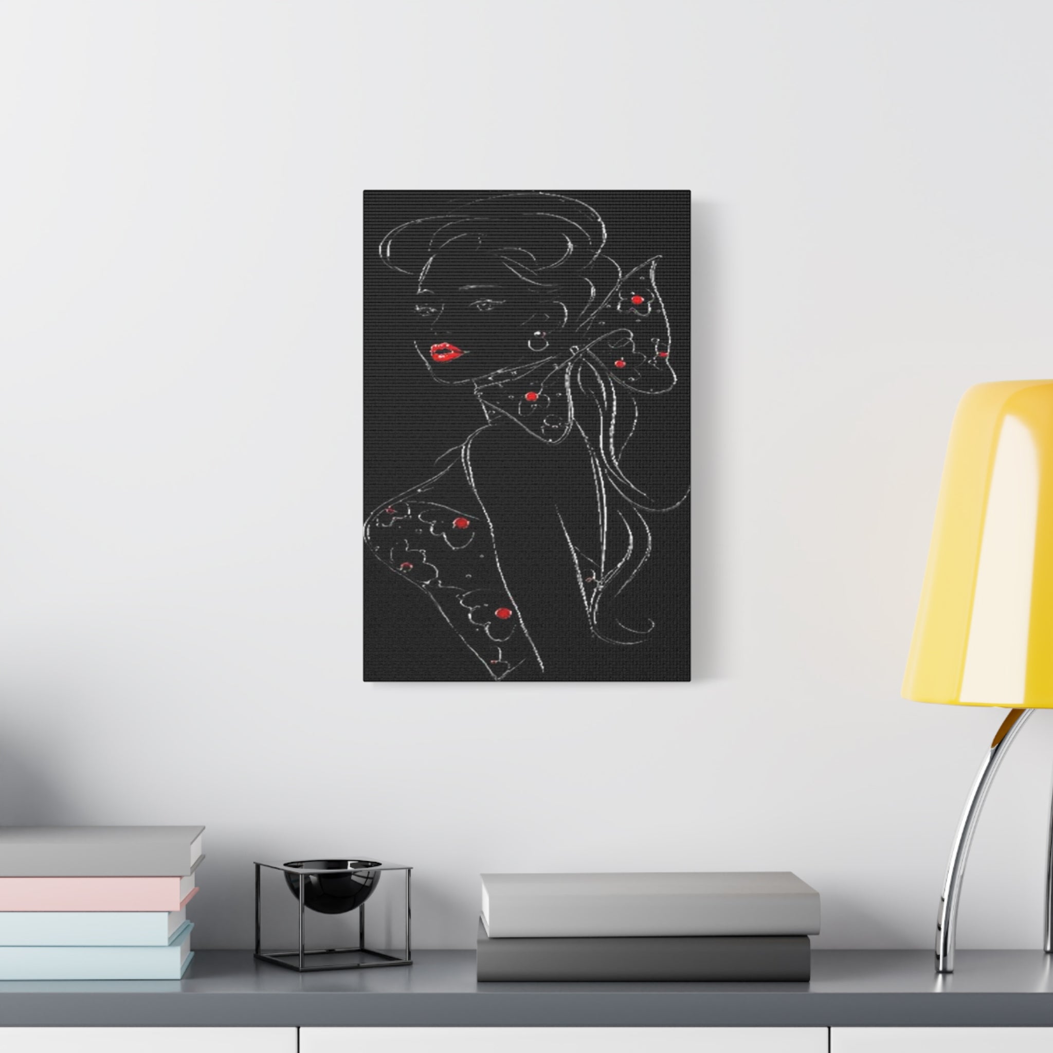 Chic Noir Lady Canvas Print — Black & Red Fashion Portrait Wall Art 