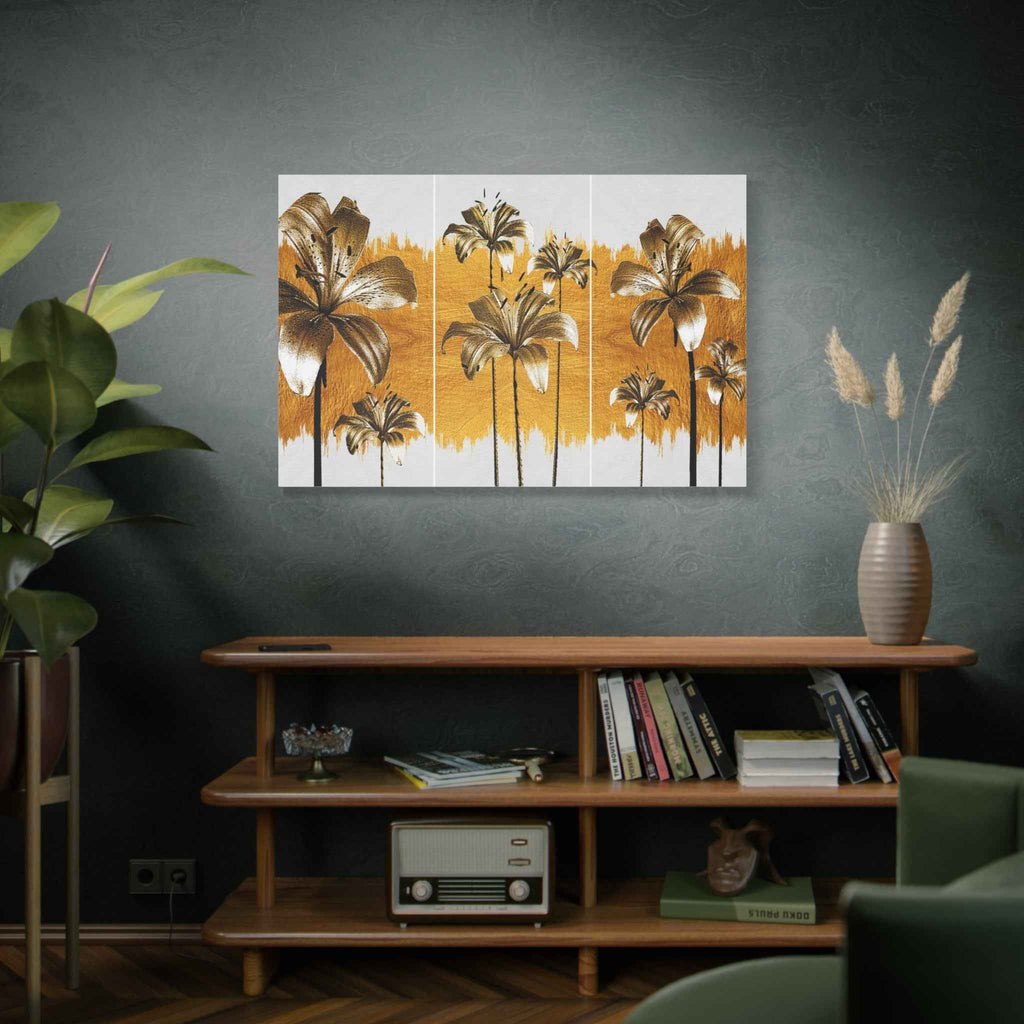 Golden Lily Flower Wall Art - Triptych Canvas Botanical Floral Decor