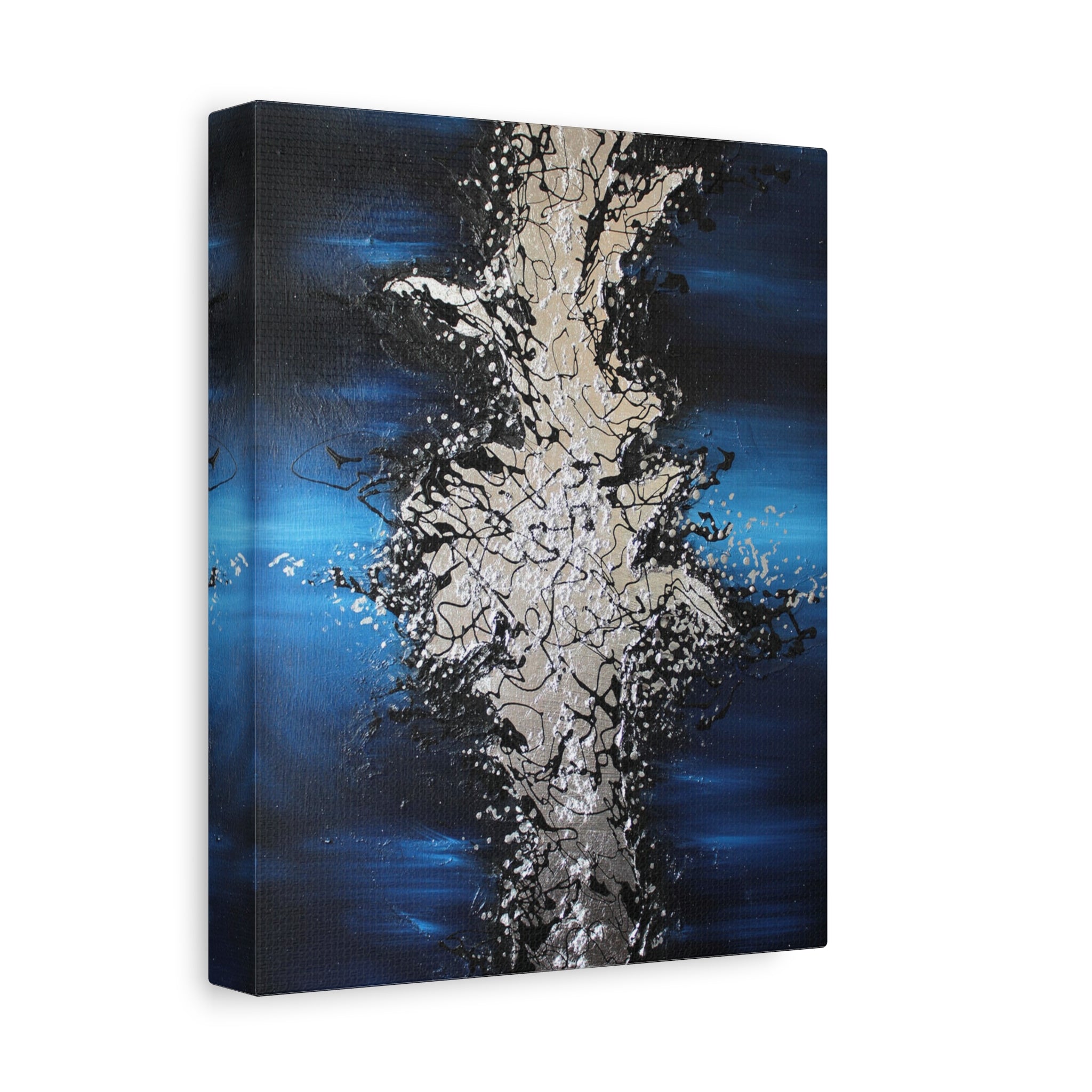 Abstract Oceanic Burst Canvas Print — Blue & Silver Matte Stretched Wall Art 