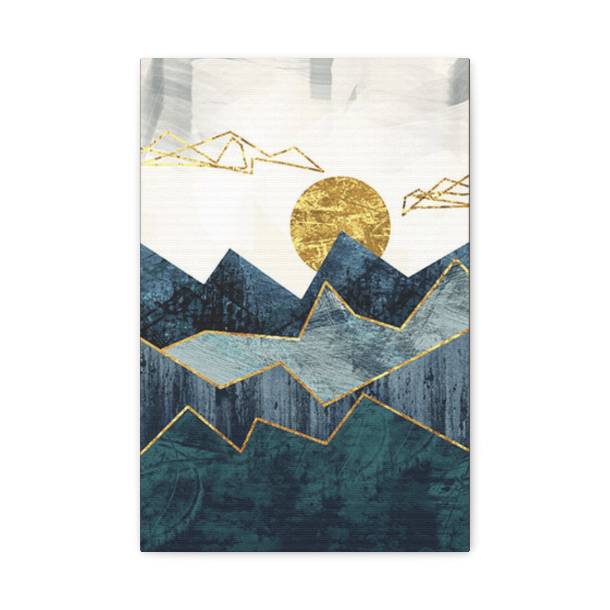 Abstract Mountain Canvas Print – Gold Sun Geometric Wall Art (Matte Stretched) 