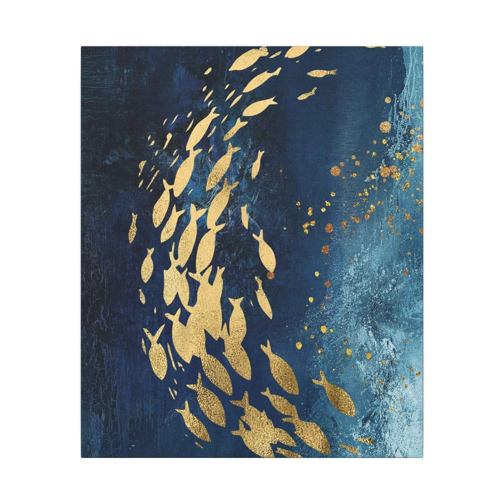 Abstract Gold Fish Wall Art - Navy Ocean Canvas Decor (Matte Stretched) - TheKaraHan
