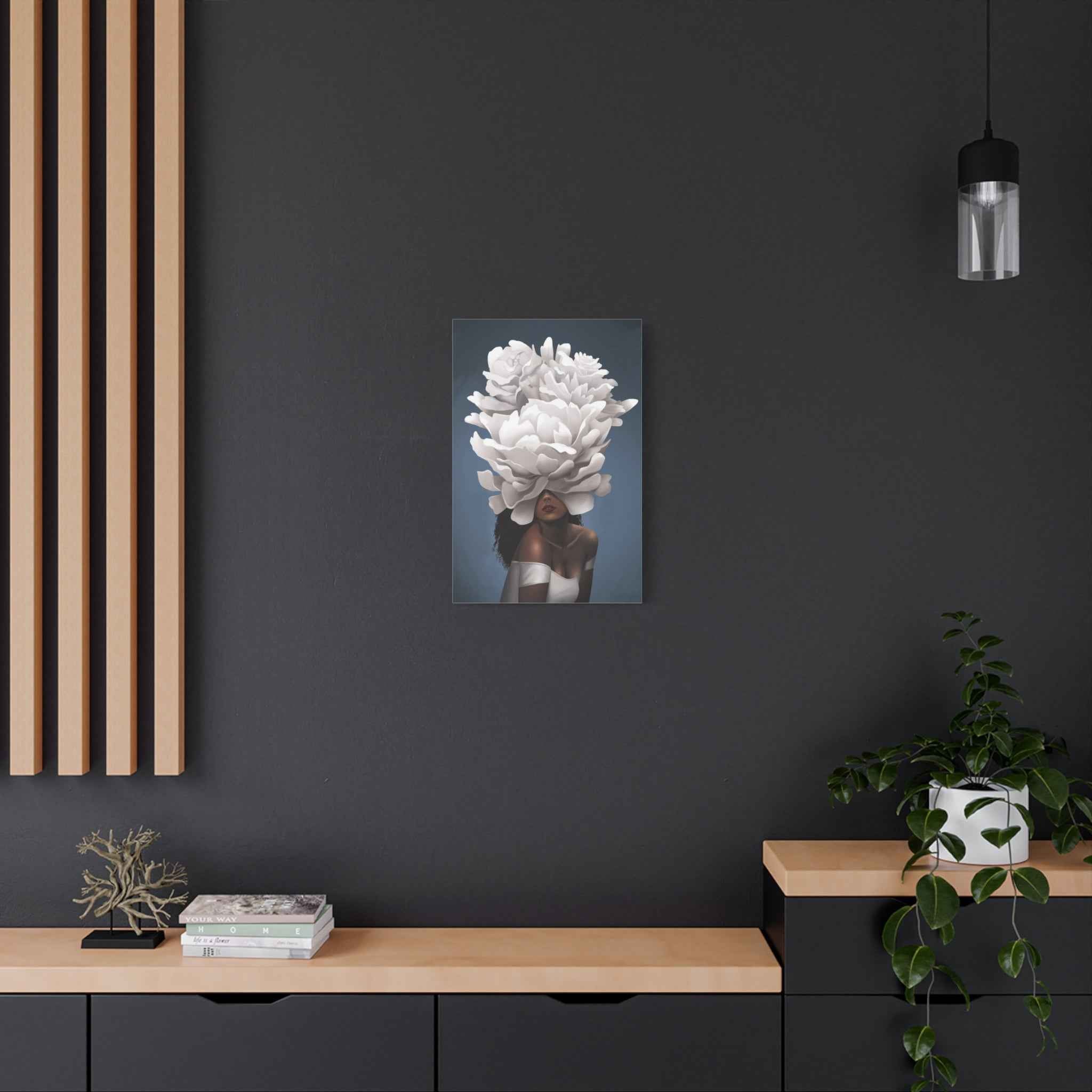 Floral Veil Canvas Wall Art — Elegant Woman with Oversized White Peony - TheKaraHan