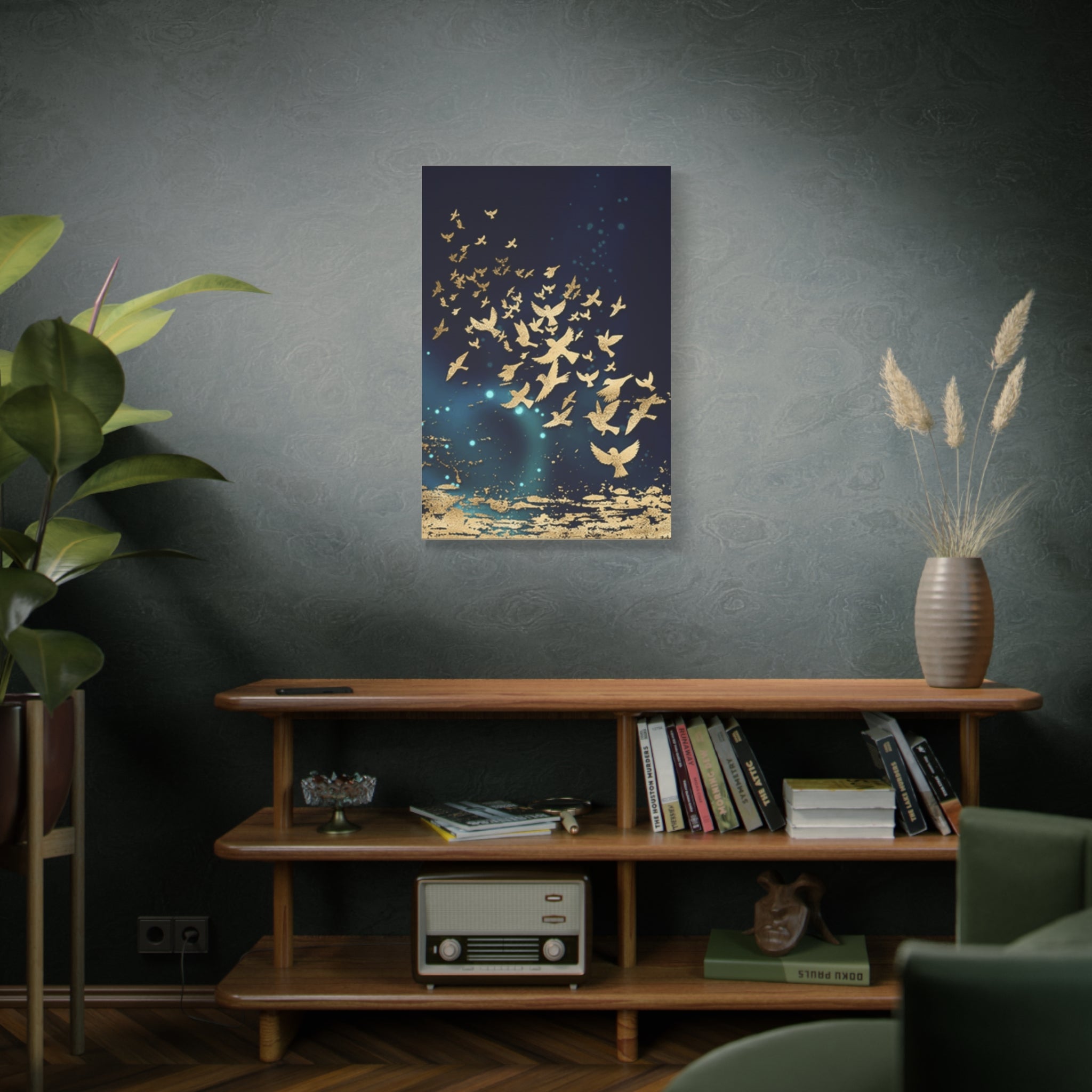 Gold Doves Canvas Print — Navy Matte Stretched Wall Art 