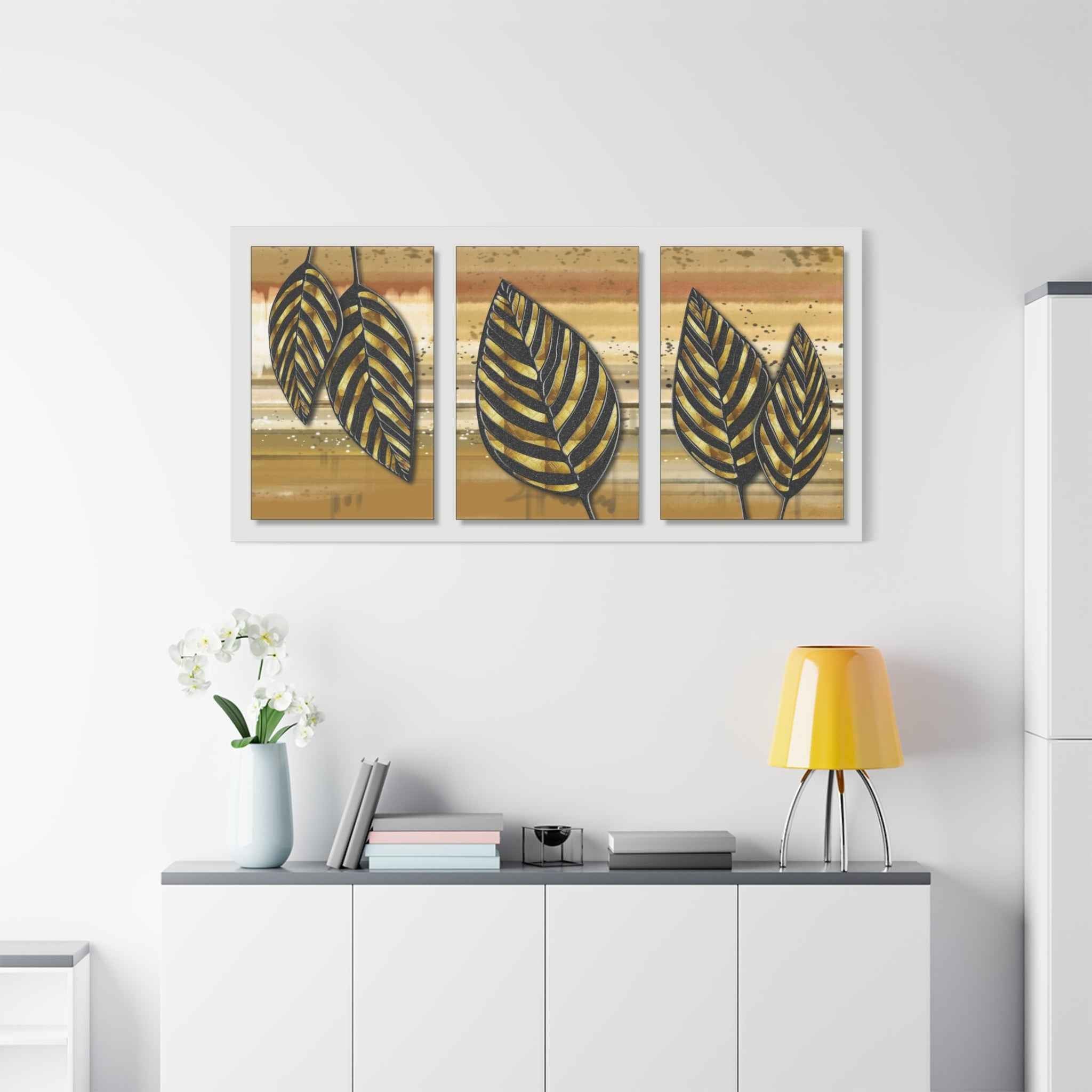 Golden Black Botanical Leaf Triptych Canvas Wall Art – Luxury Wall Decor