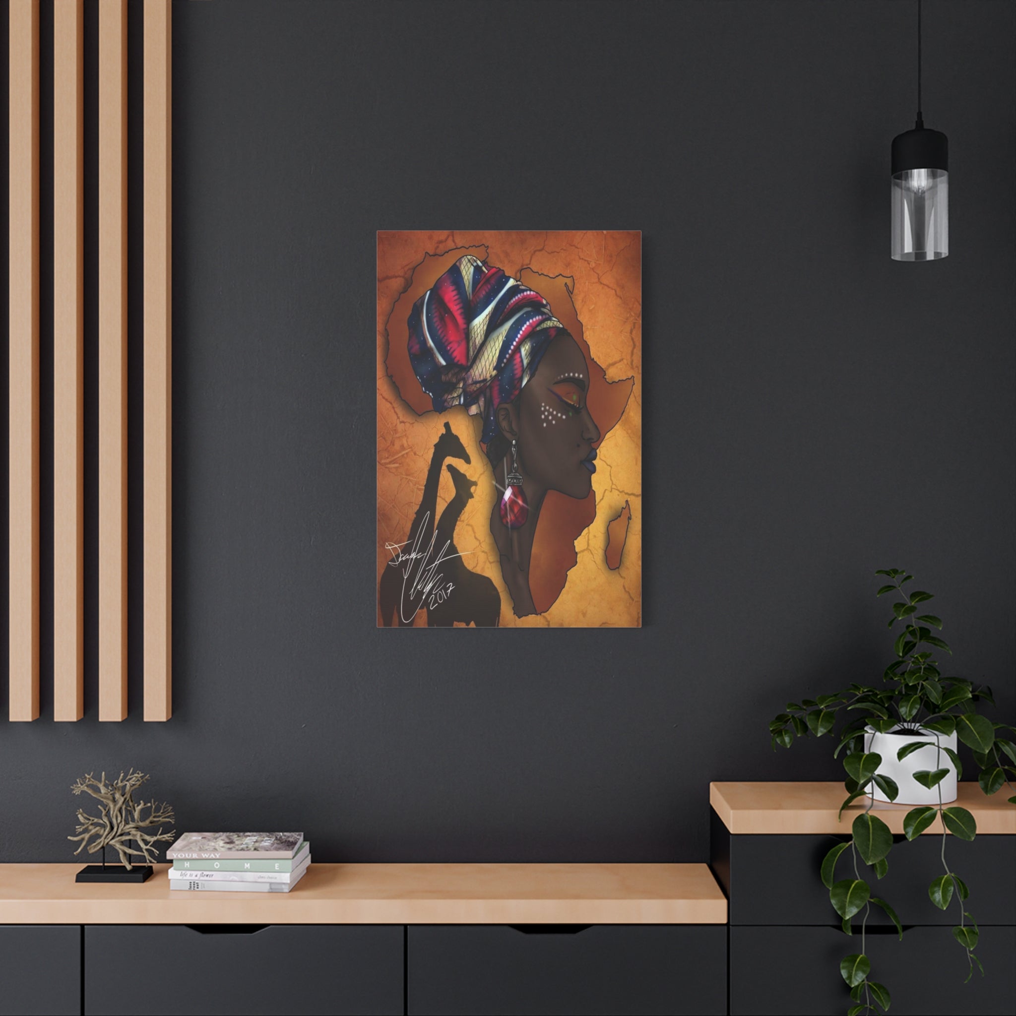 African Queen Canvas Wall Art — Profile Portrait with Giraffe Silhouette 