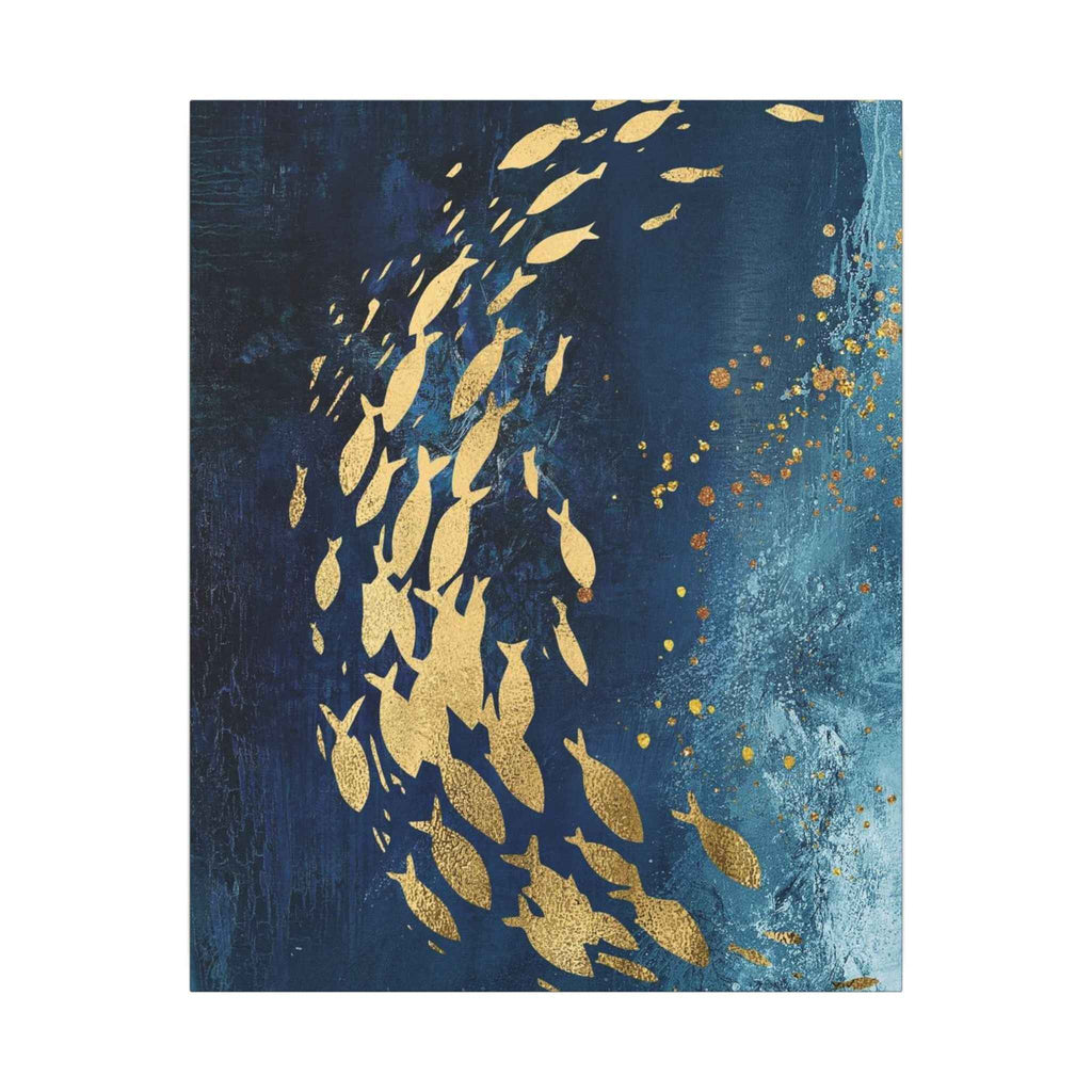 Abstract Gold Fish Wall Art - Navy Ocean Canvas Decor (Matte Stretched) - TheKaraHan