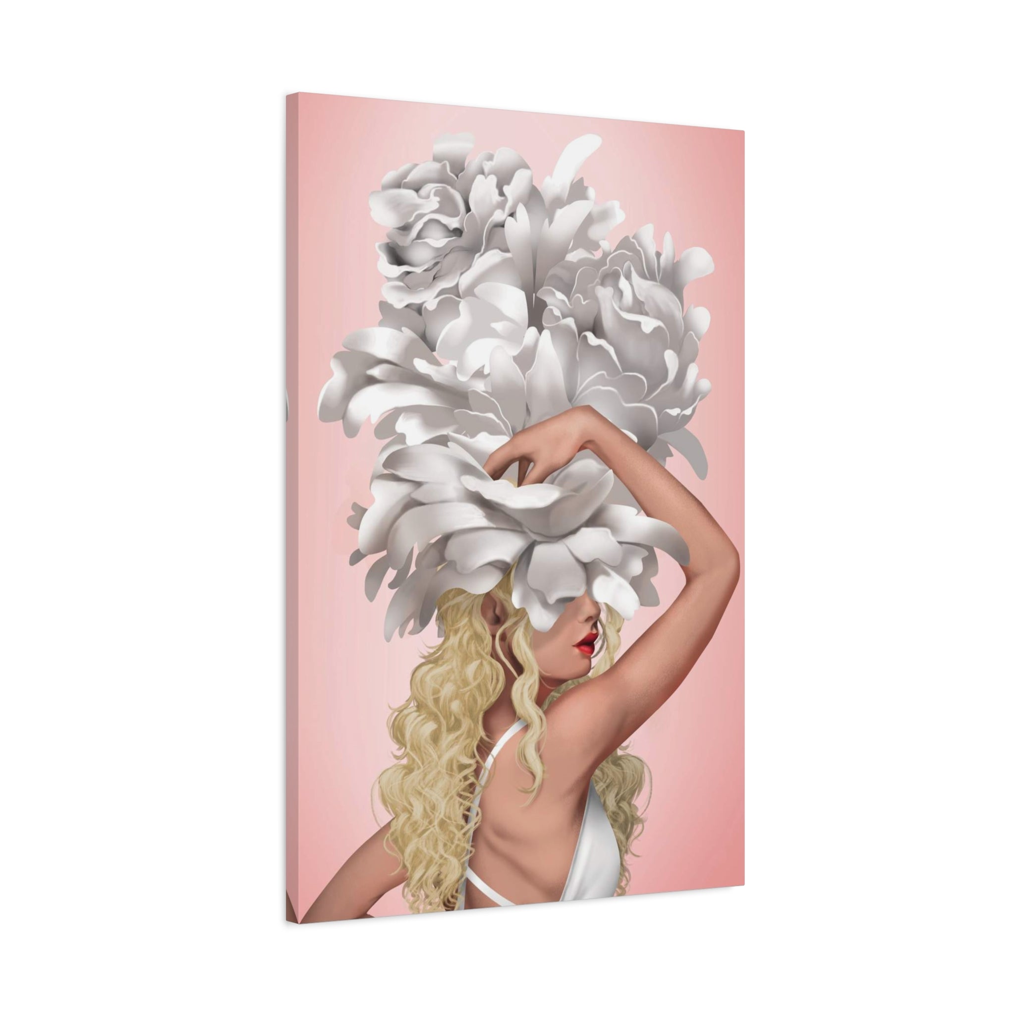 Blushing Muse Floral Canvas Print — Woman with Oversized White Peony Hat 