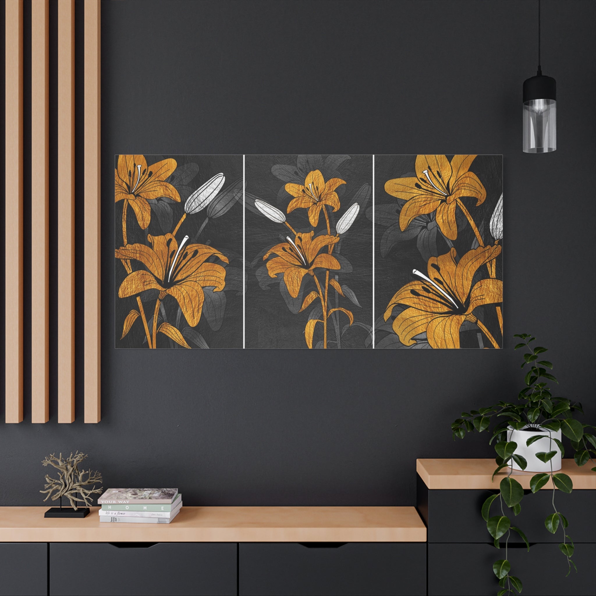 Lily Triptych Canvas Art - Golden Floral Stretched Matte Wall Decor - TheKaraHan