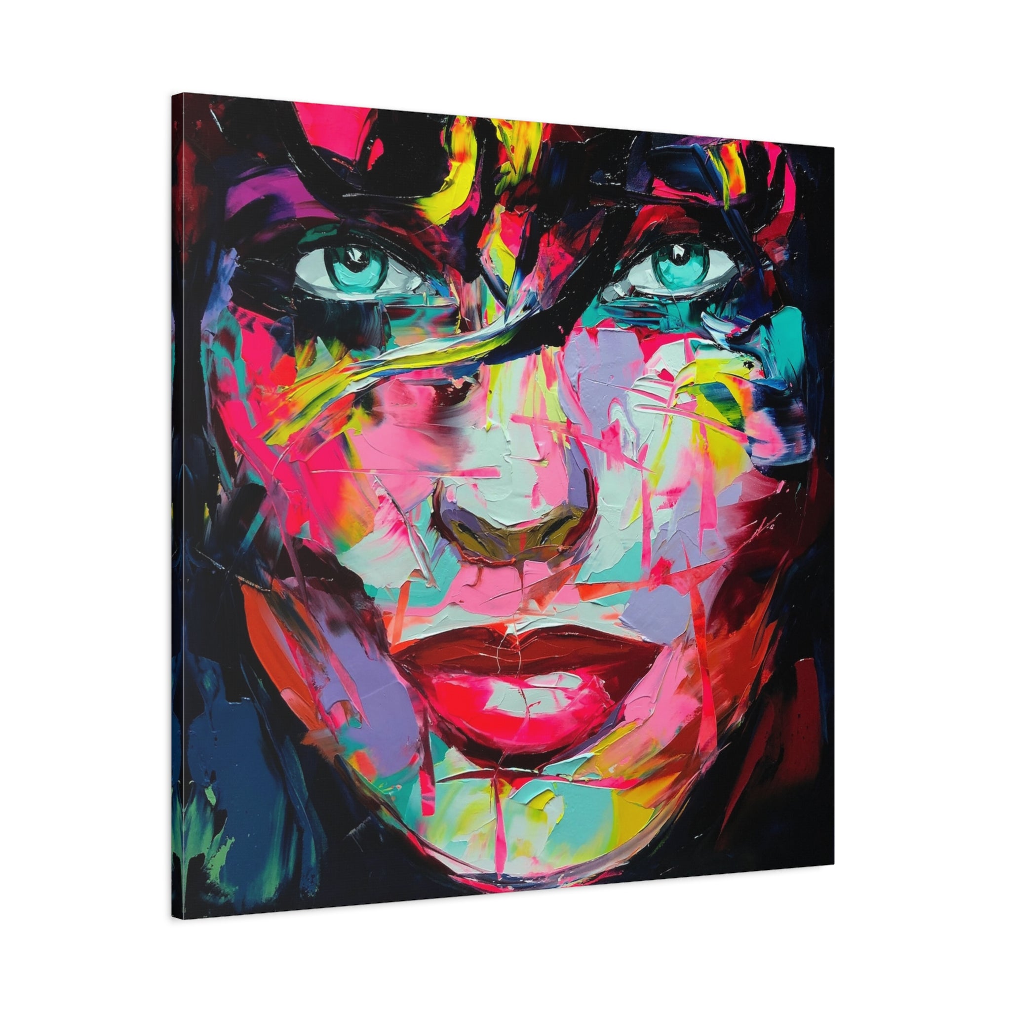 Colorful Abstract Portrait Canvas Print — Neon Female Face Matte Stretched Wall Art - TheKaraHan