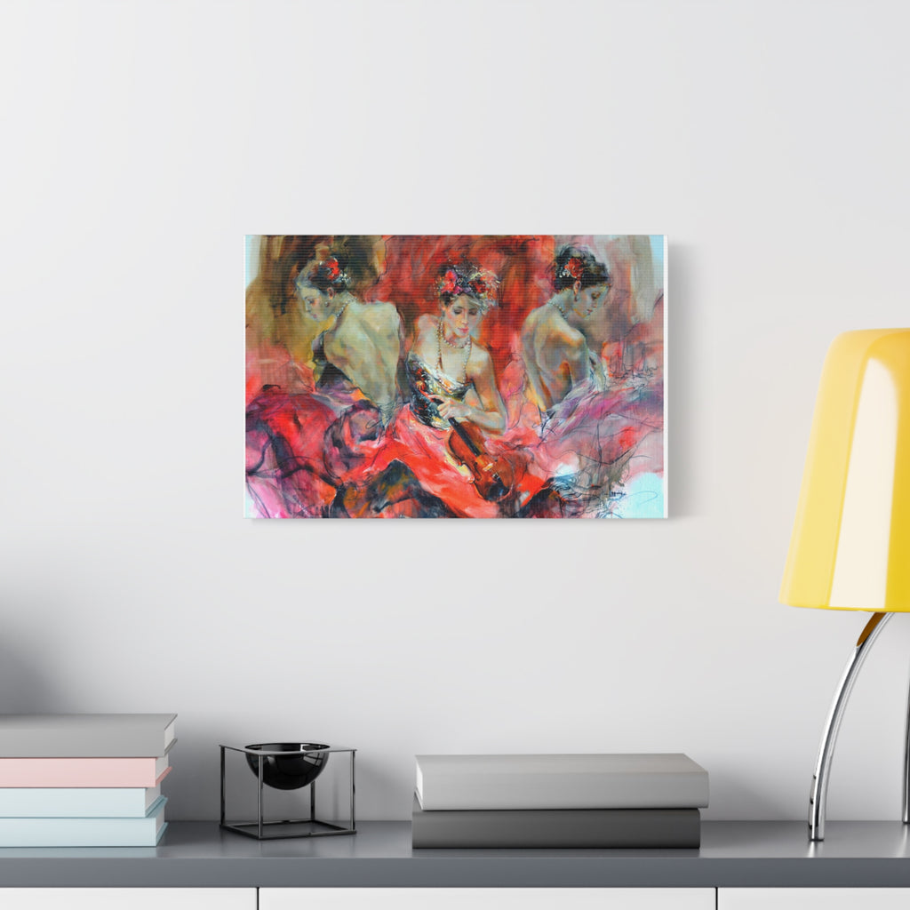 Flamenco Dancers Wall Art - Vibrant Red Ballet Trio Matte Canvas Painting - TheKaraHan