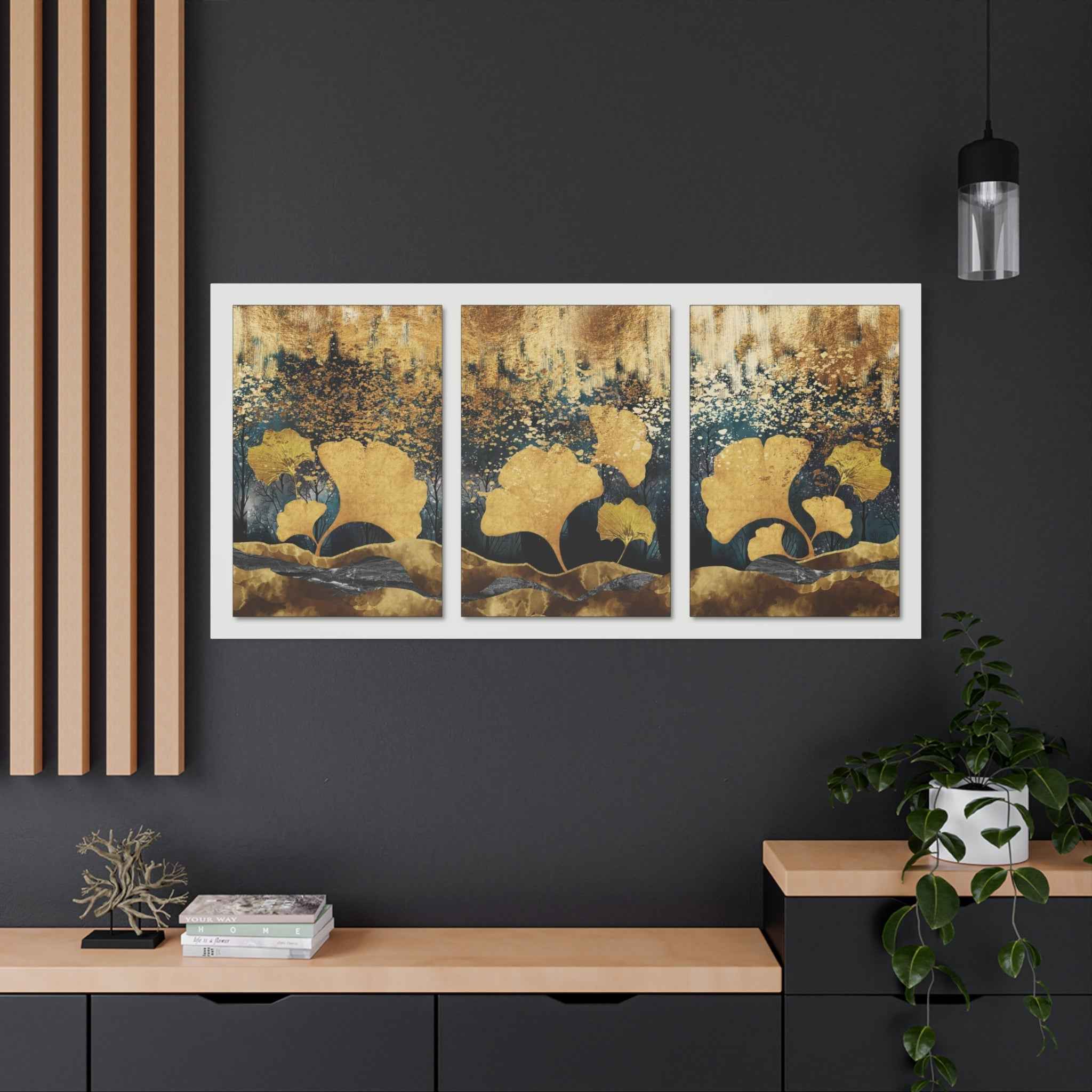 Golden Ginkgo Leaf Abstract Canvas Wall Art – Luxury Botanical Decor