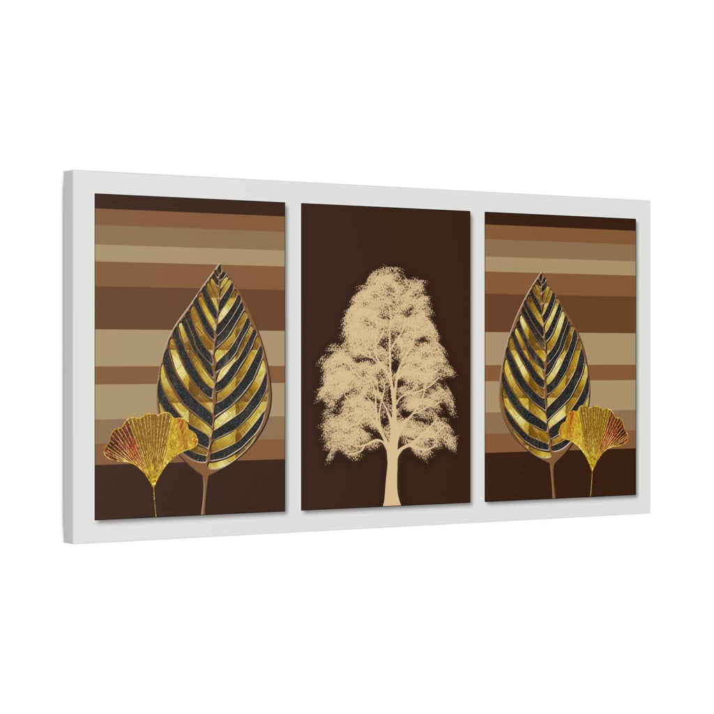Golden Botanical Leaf Triptych Canvas Wall Art – Luxury Nature Decor