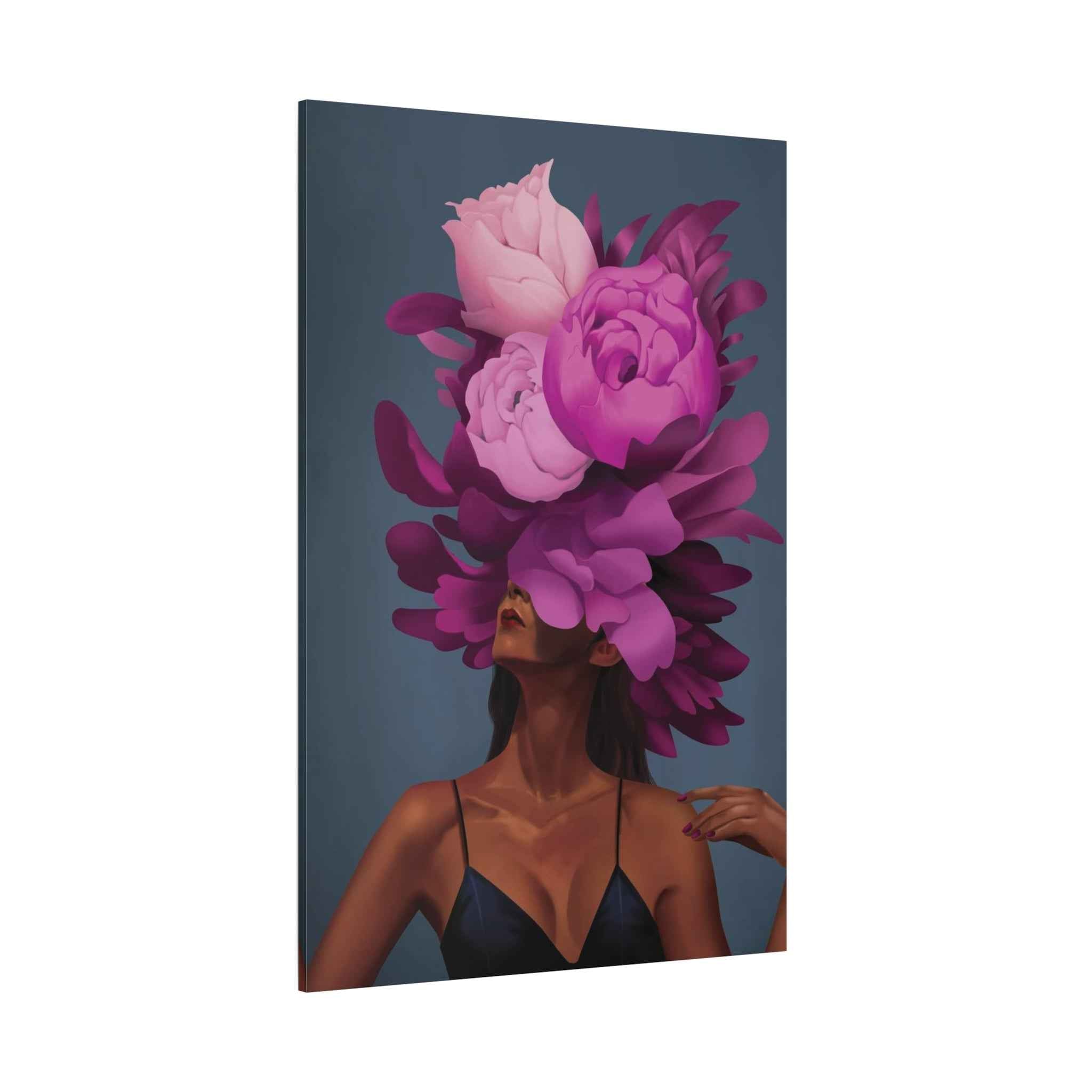 Floral Portrait Canvas Print — Woman with Oversized Pink Peony Hat (Matte Stretched) - TheKaraHan