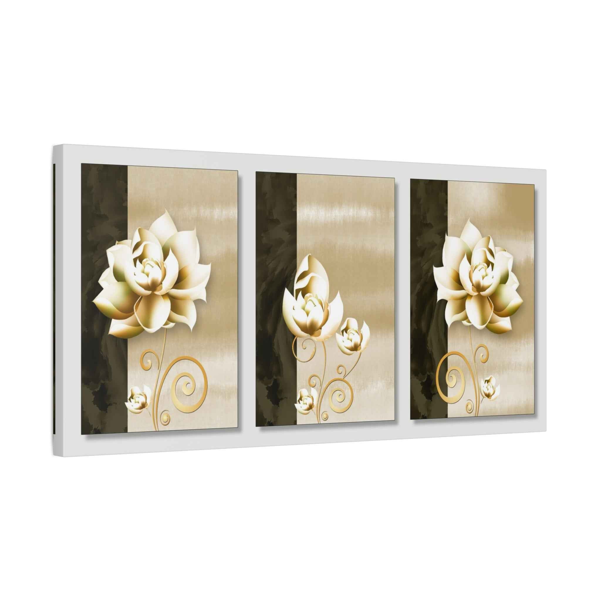 Gold Floral Triptych Canvas Wall Art – Luxury Flower Wall Decor