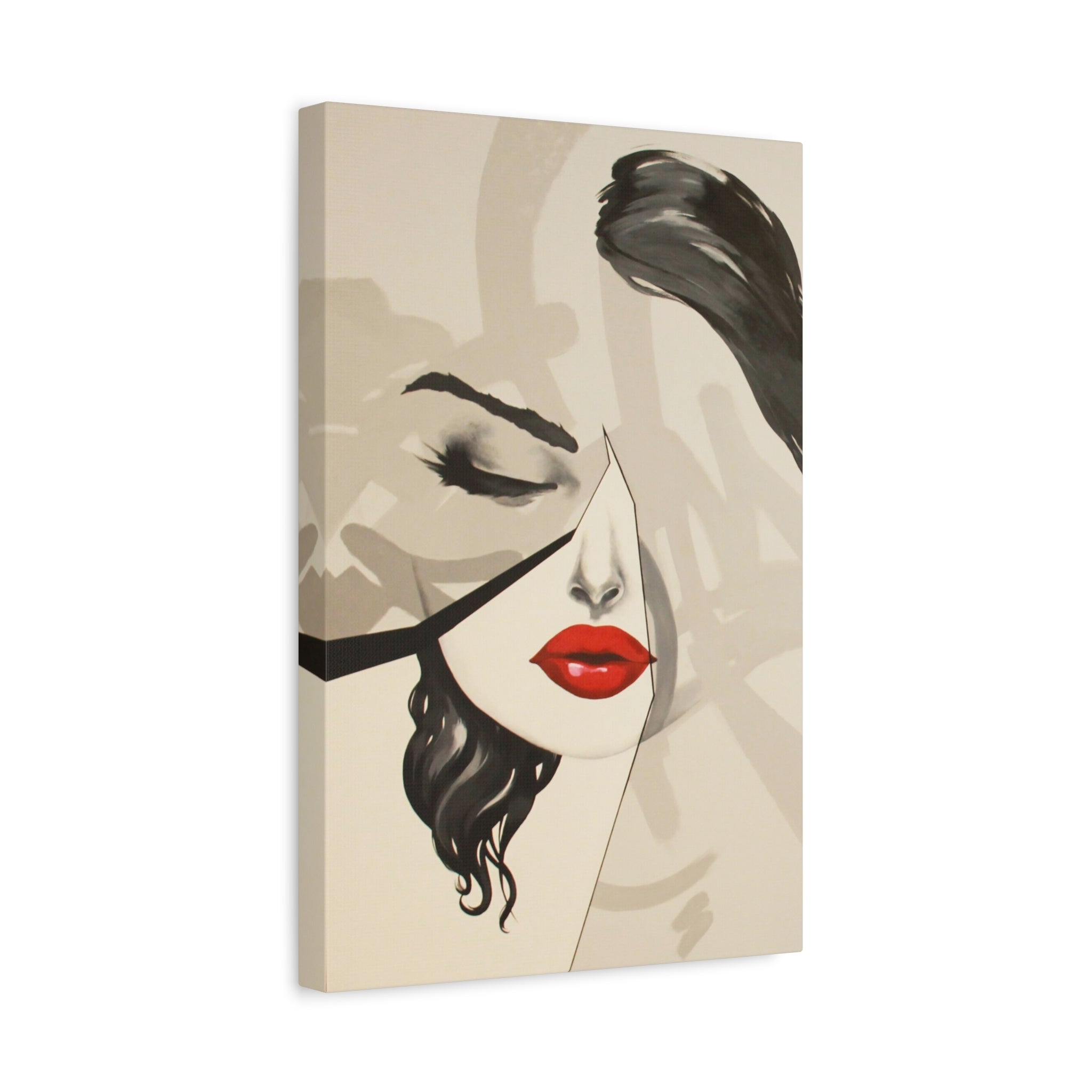 Abstract Red Lips Portrait Canvas Art - Matte Stretched Wall Decor 