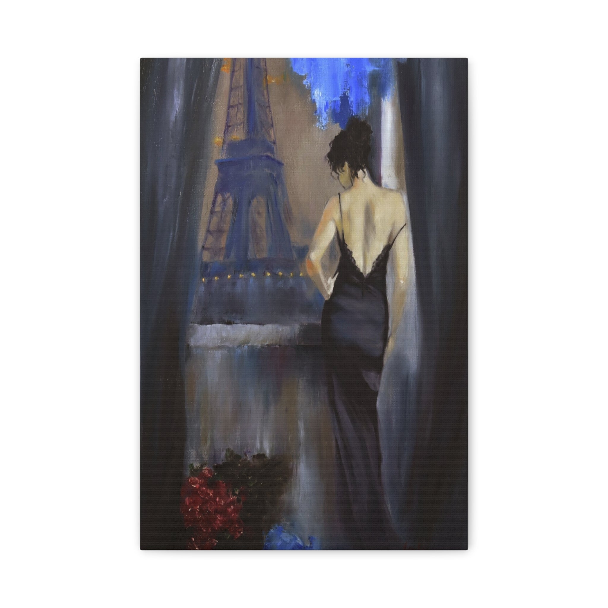 Paris Evening Canvas Wall Art — Woman in Black Dress, Eiffel Tower Stretched Print 