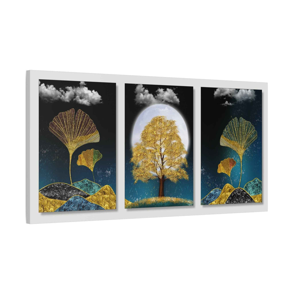 Golden Ginkgo Leaf Triptych Canvas Wall Art – Botanical Wall Decor