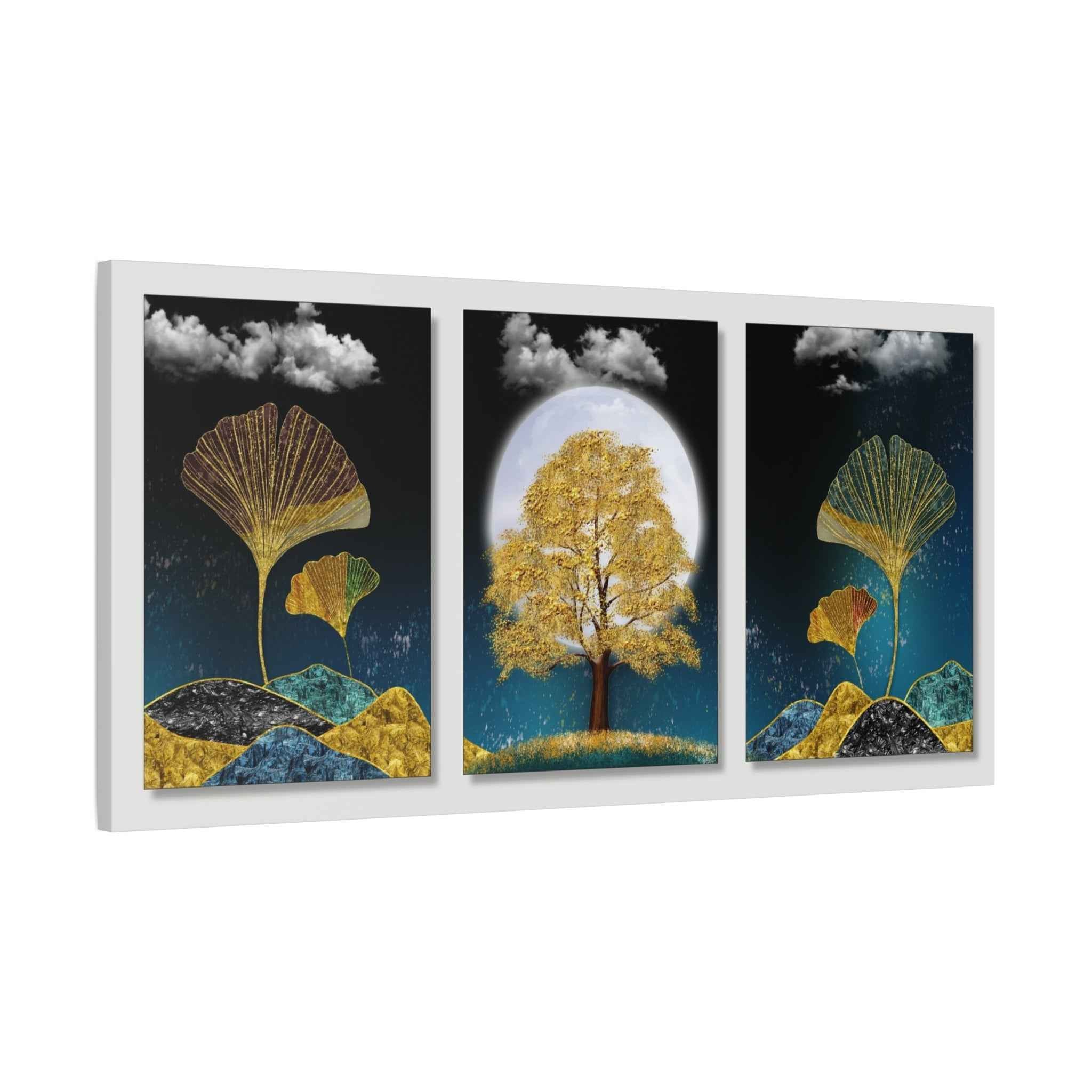 Golden Ginkgo Leaf Triptych Canvas Wall Art – Botanical Wall Decor