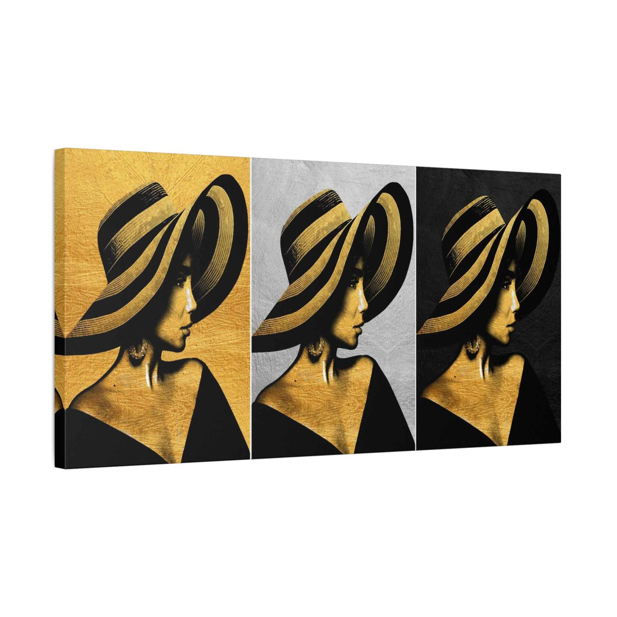 Golden Fashion Woman Portrait Triptych Canvas Wall Art – Luxury Decor