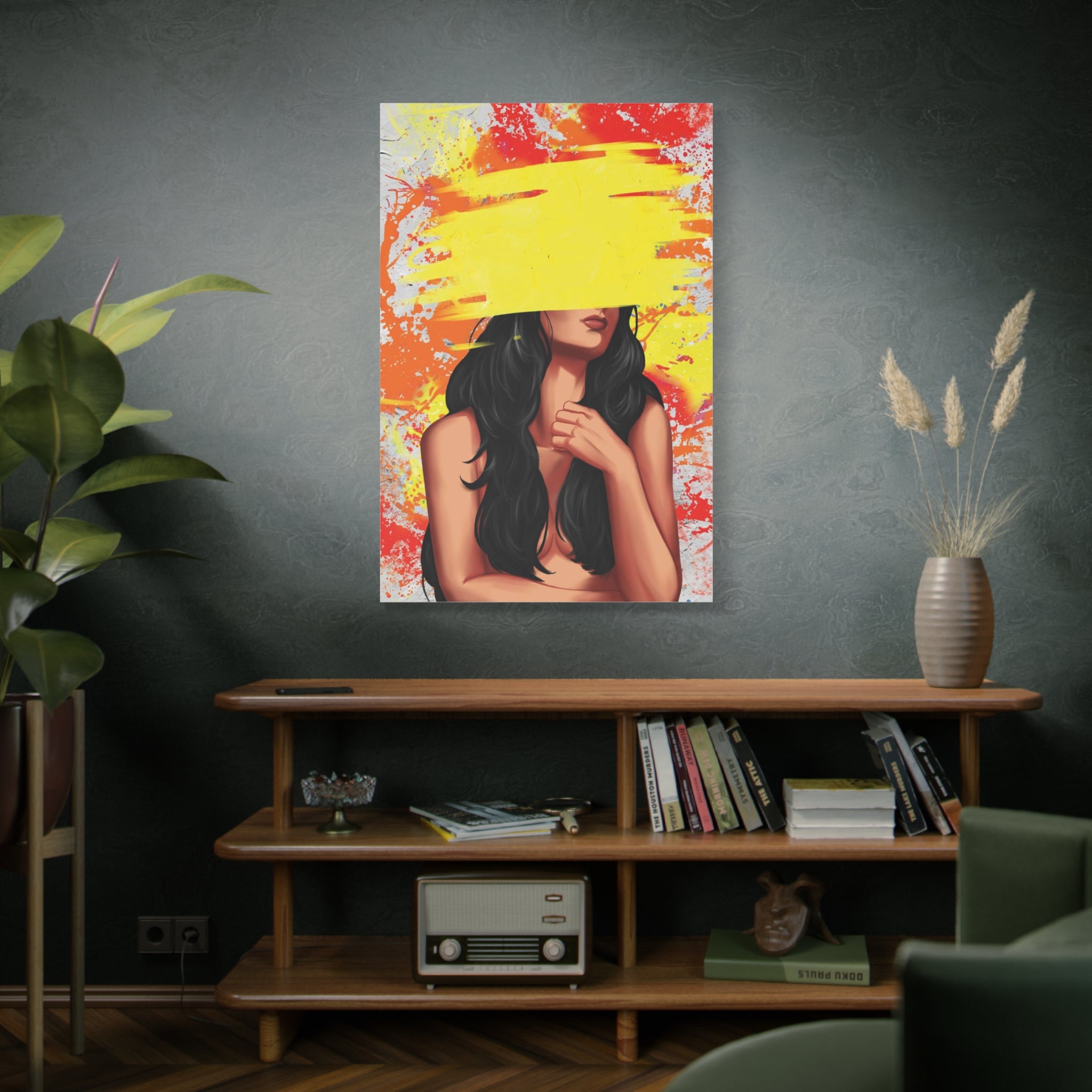 Abstract Femme Nude Canvas Art – Yellow Paint Stroke Portrait 