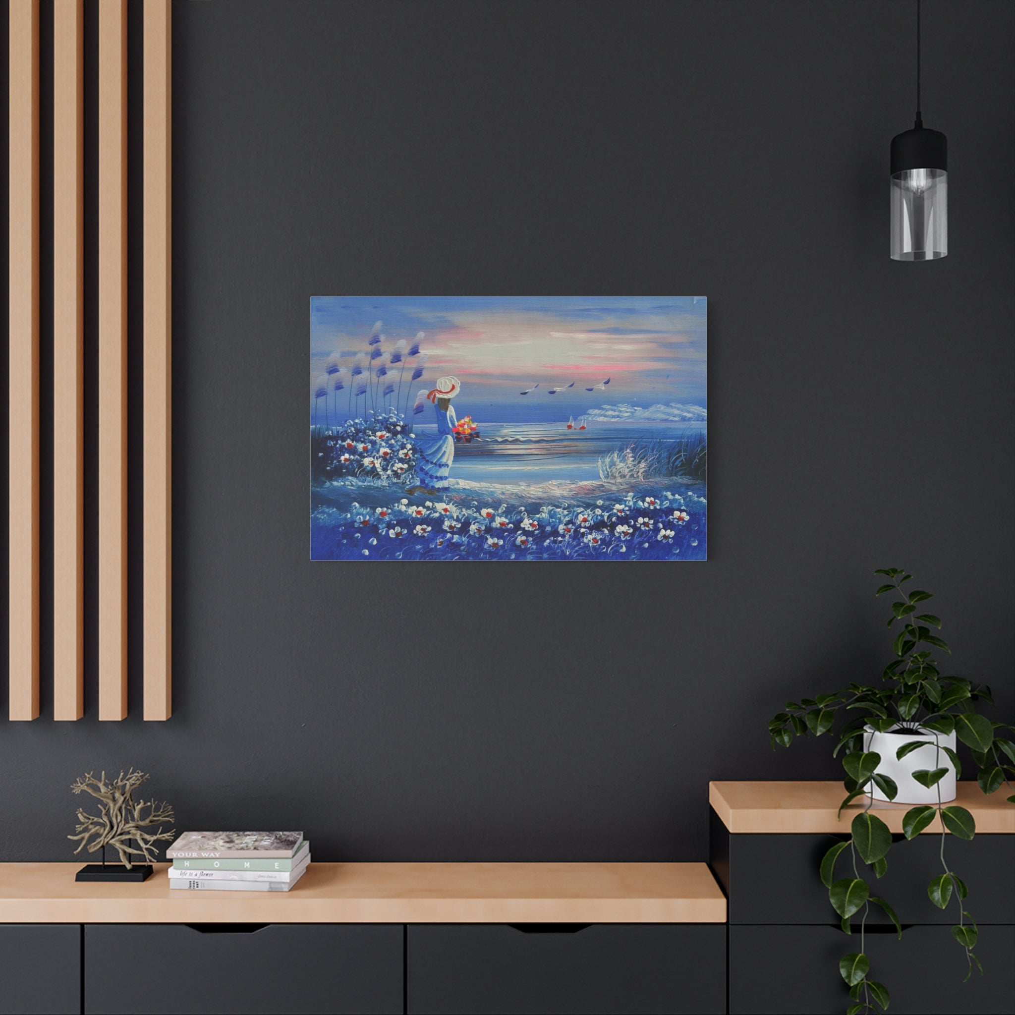 Seaside Evening Canvas Art – Woman with Flowers Coastal Wall Decor 