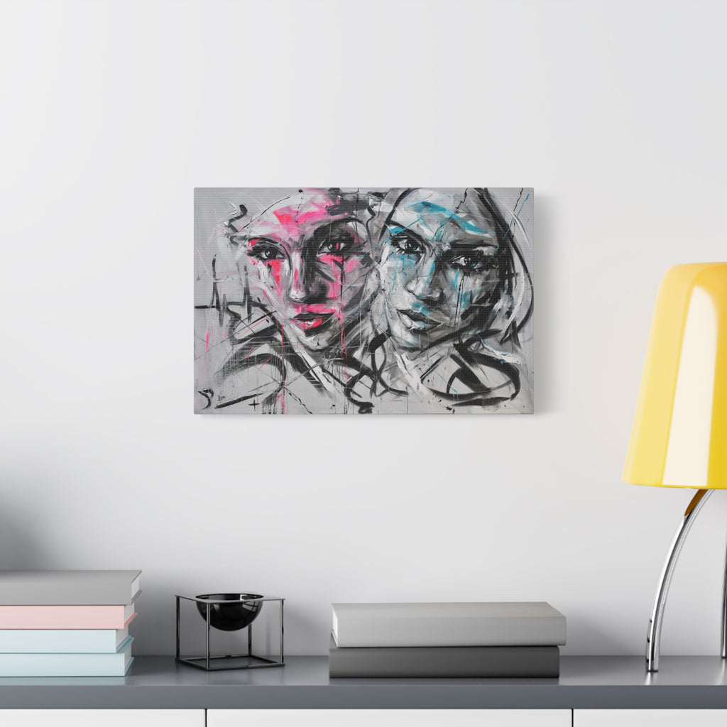 Abstract Duo Faces Matte Canvas Print — Contemporary Pink & Teal Portrait Wall Art 