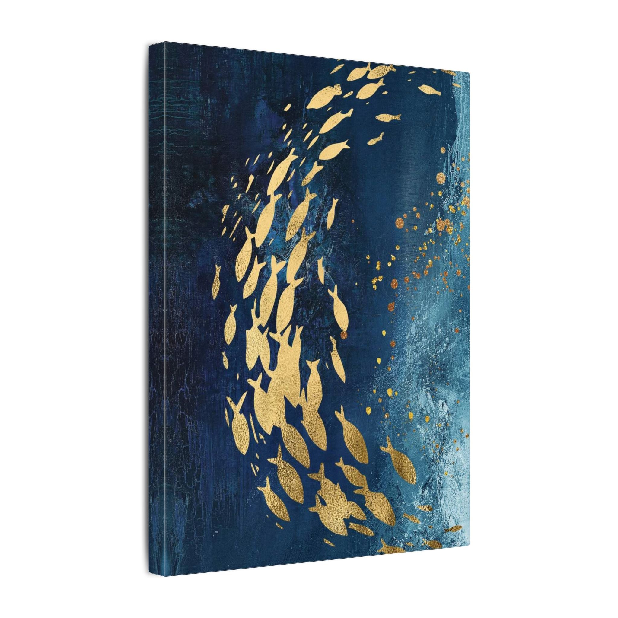 Abstract Gold Fish Canvas — Navy Ocean Wall Art (Matte Stretched) 