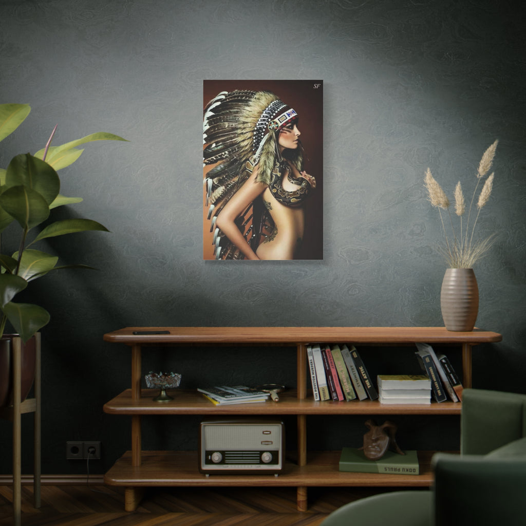 Bohemian Headdress Canvas Print — Native-Inspired Woman with Snake Wall Art 