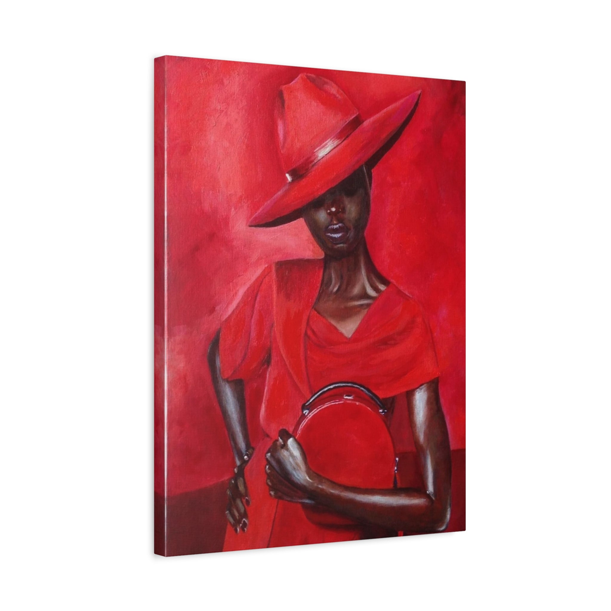 Elegant Red Hat Lady Canvas Print — Fashion Portrait Matte Stretched Wall Art 