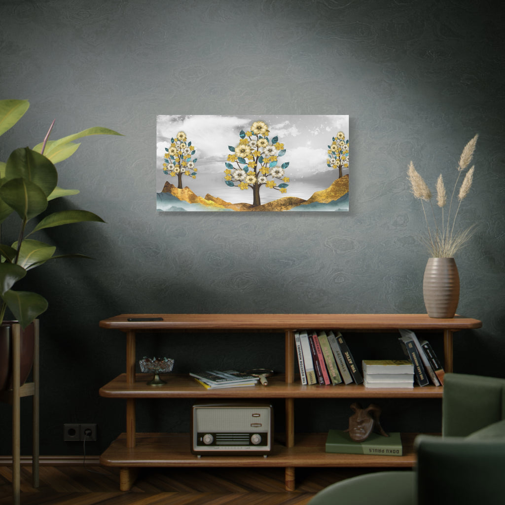 Floral Gold Tree Canvas Wall Art — Teal & Grey Stretched Matte Canvas - TheKaraHan