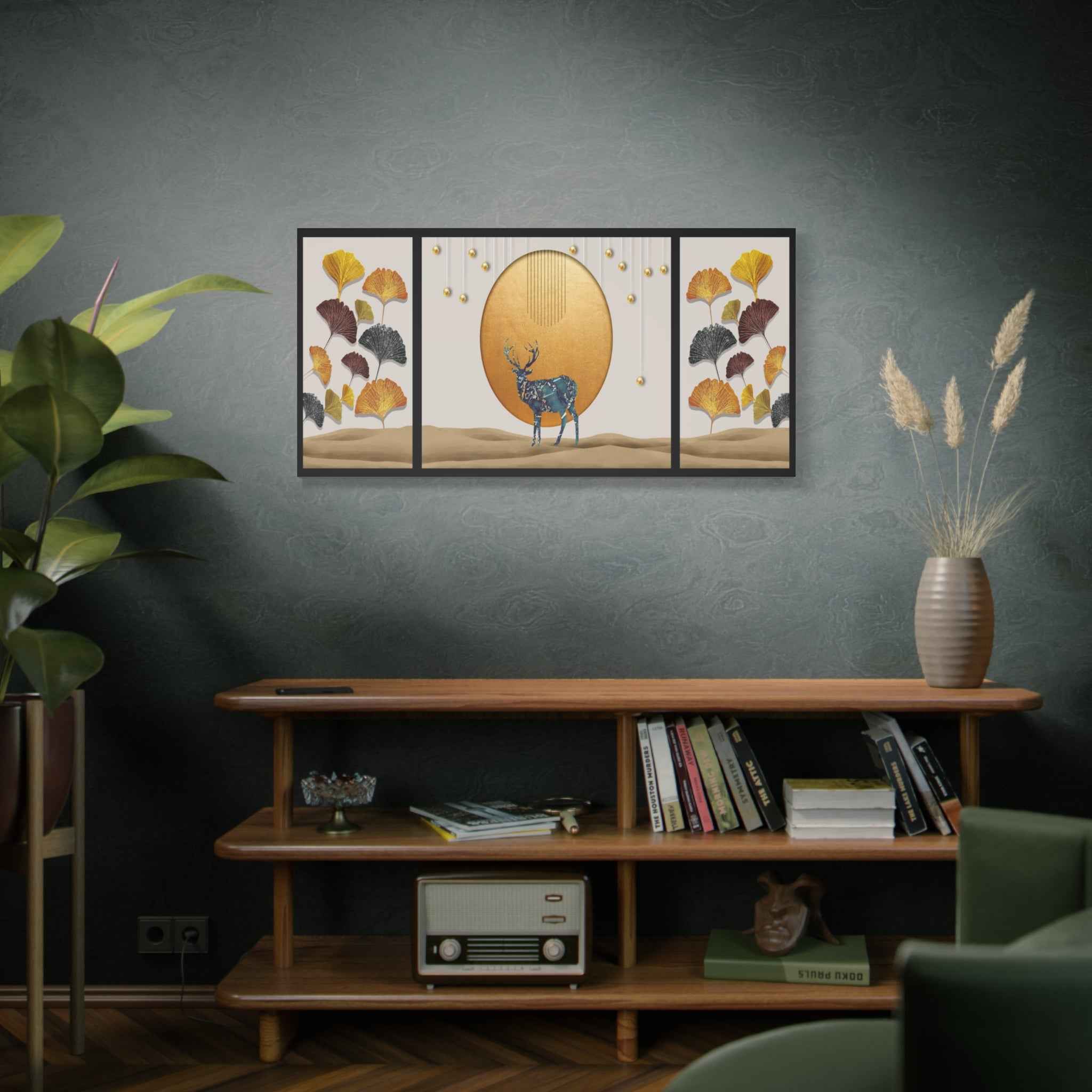Golden Deer Wall Art – Luxury Ginkgo Leaves Canvas Print