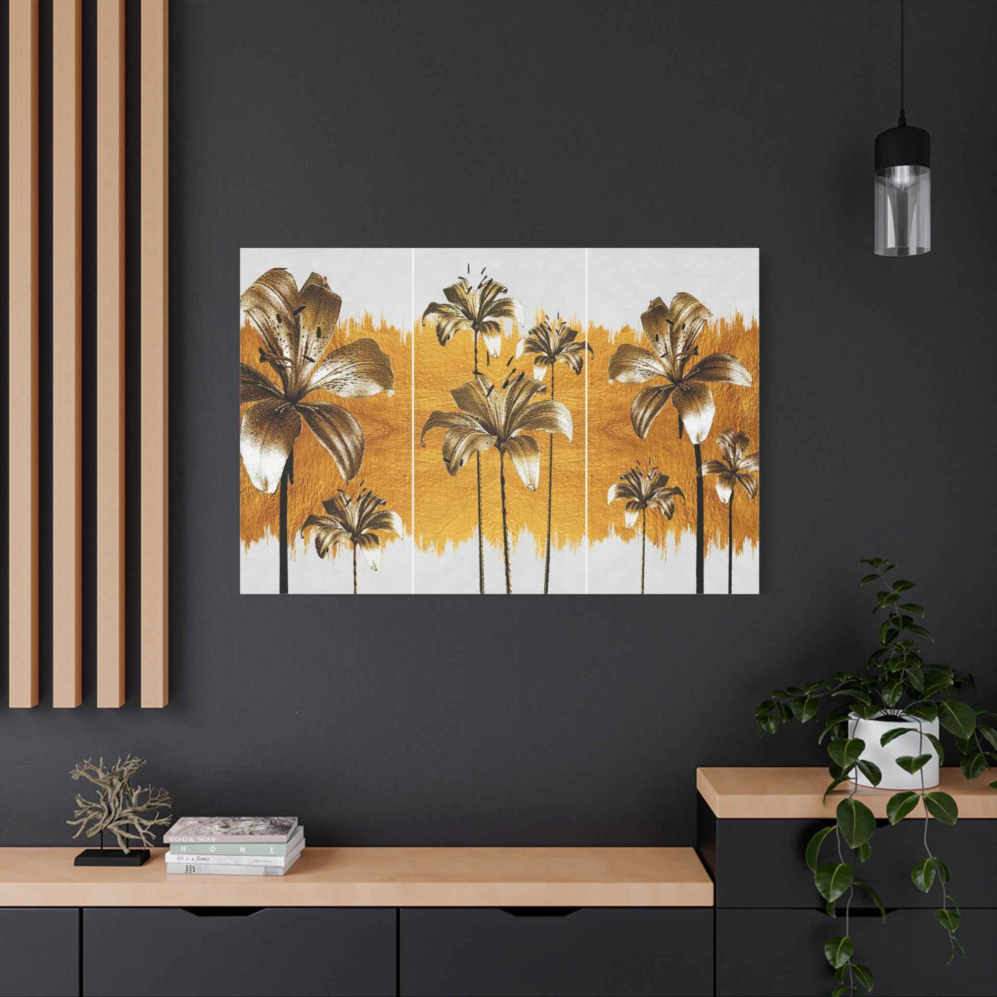 Golden Lily Flower Wall Art - Triptych Canvas Botanical Floral Decor