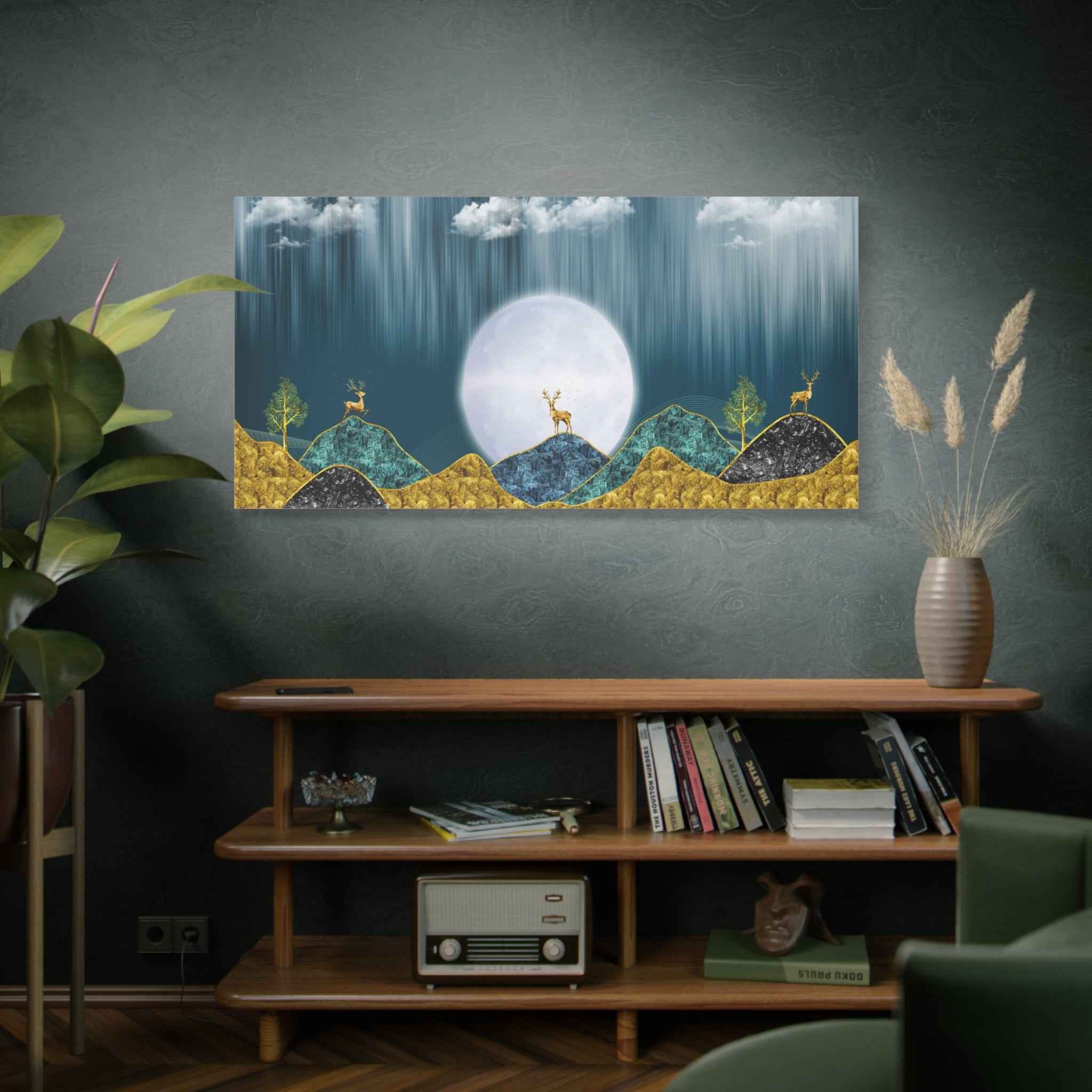 Deer Moon Landscape Canvas Wall Art – Wildlife Nature Wall Decor